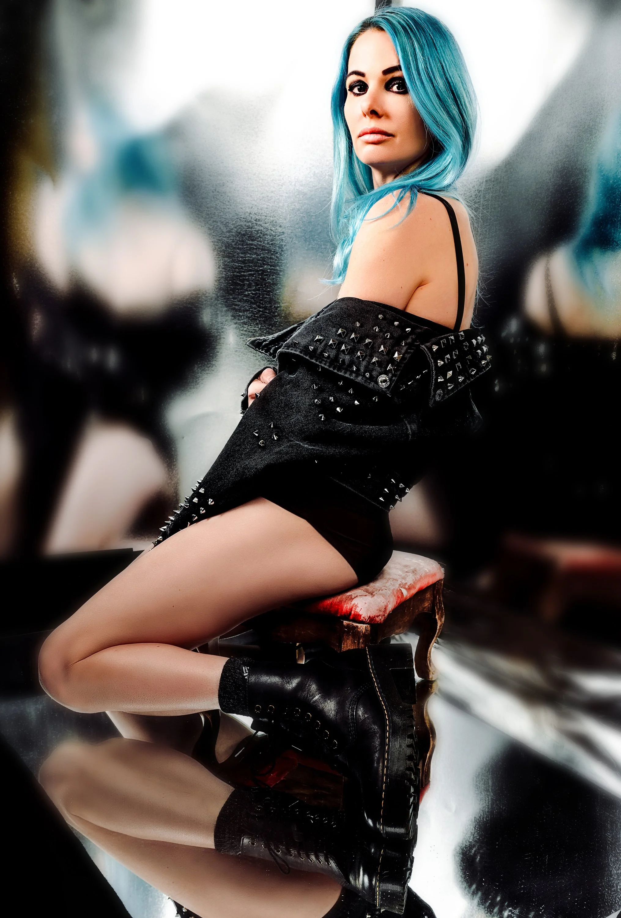 Female metal drummer with studio effects set up