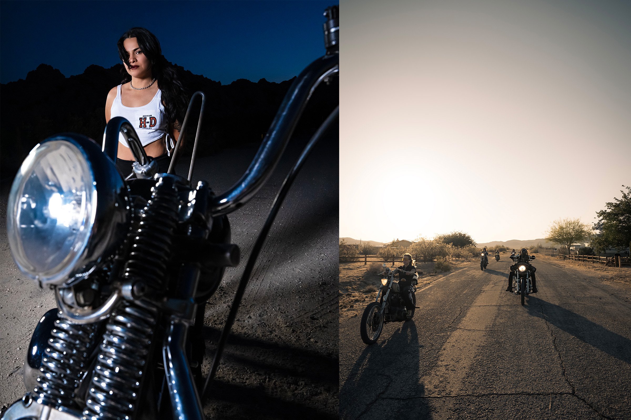Motorcycle photography of a rider on a winding desert road at sunset