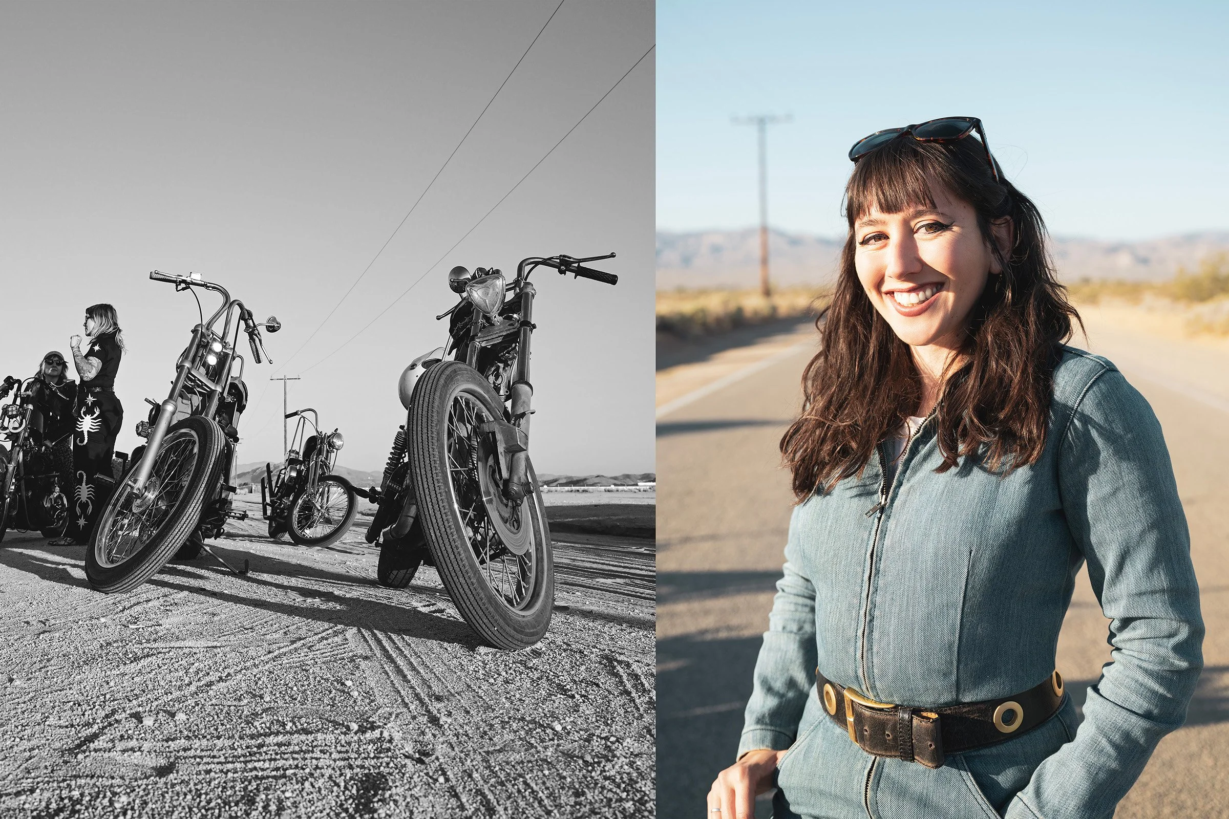 Black and white motorcycle photography and a colored photo of a member of Ride to the Warehouse