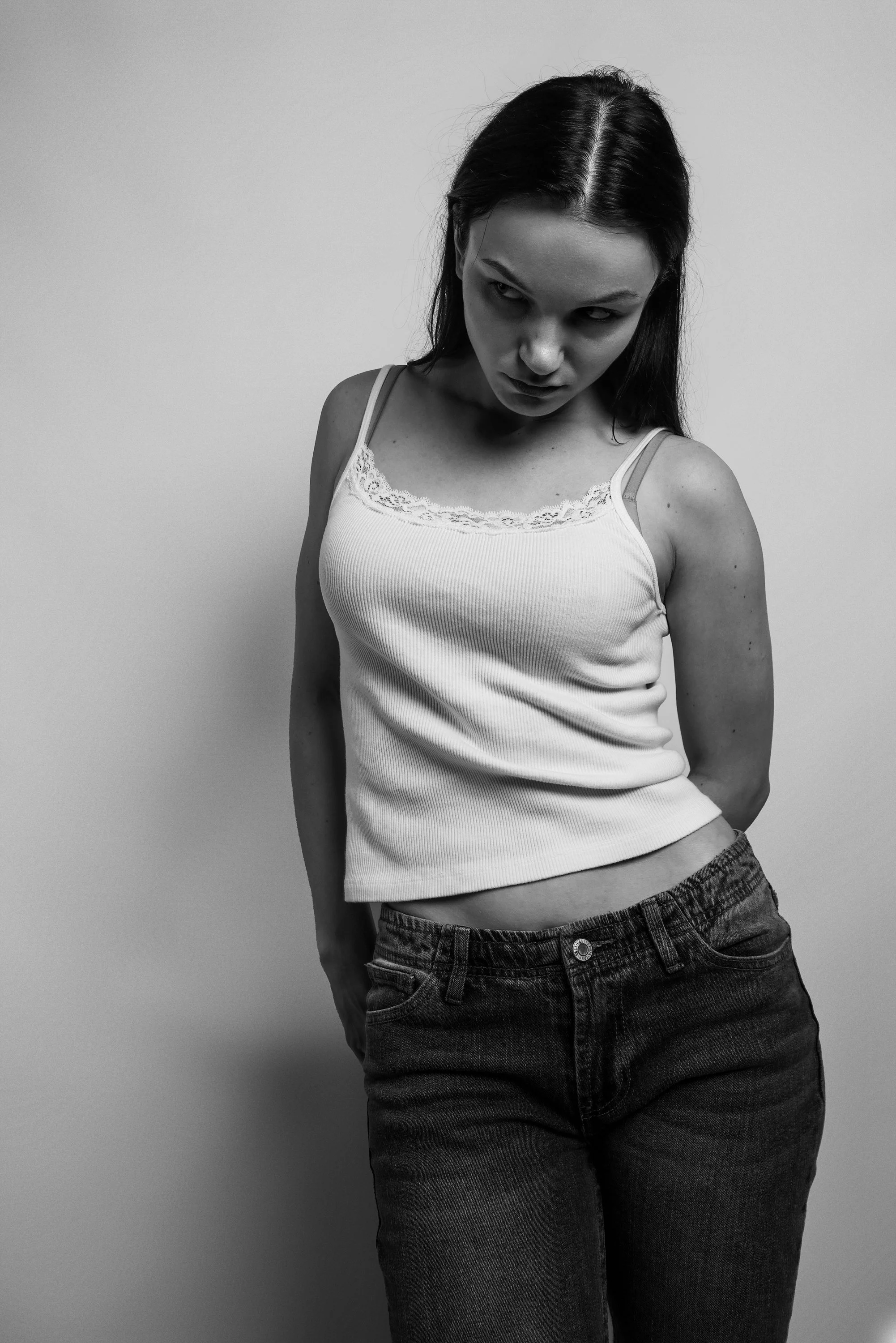Apparel photoshoot of female actress. headshot