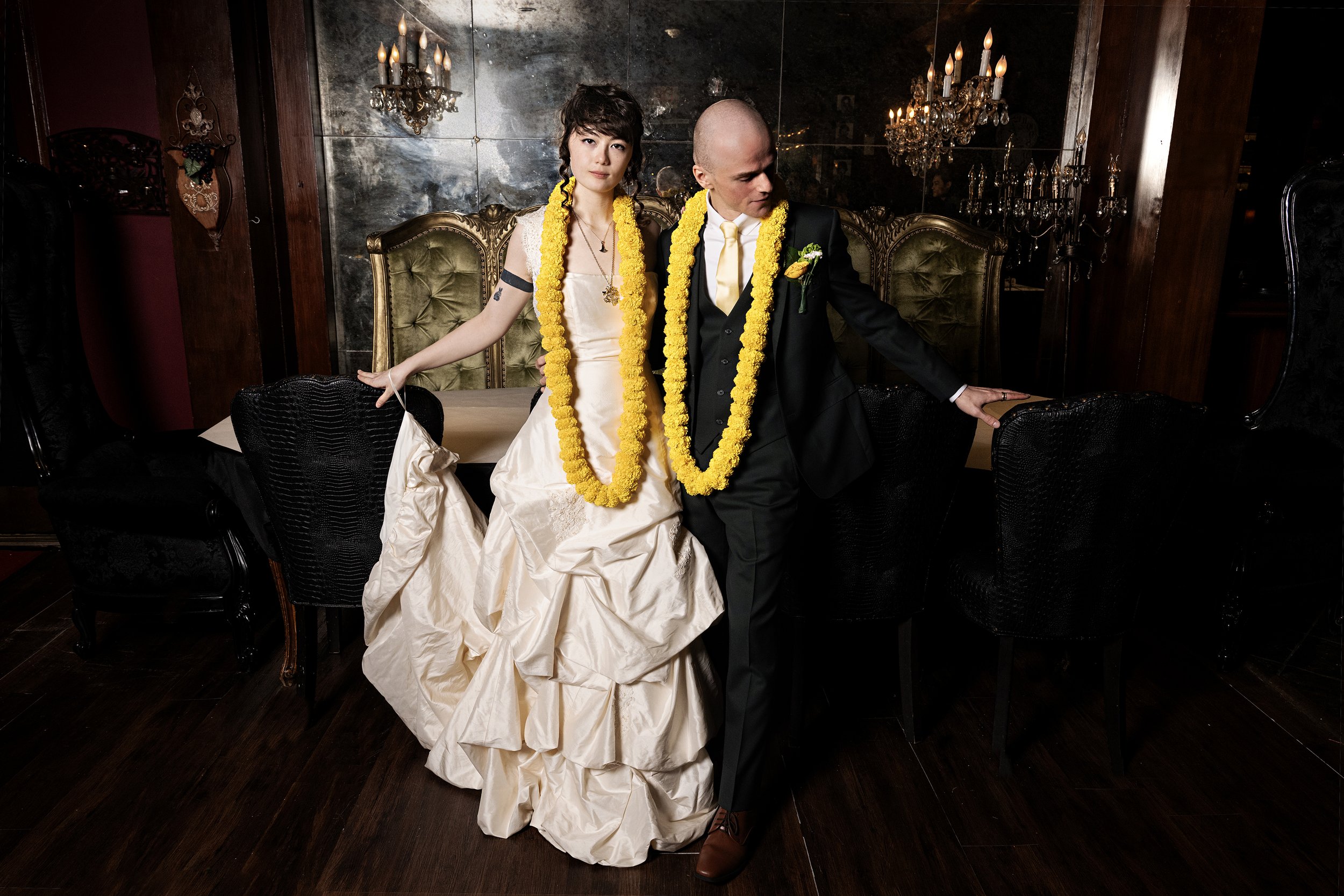 Low light shooting for bride and groom elegant portrait