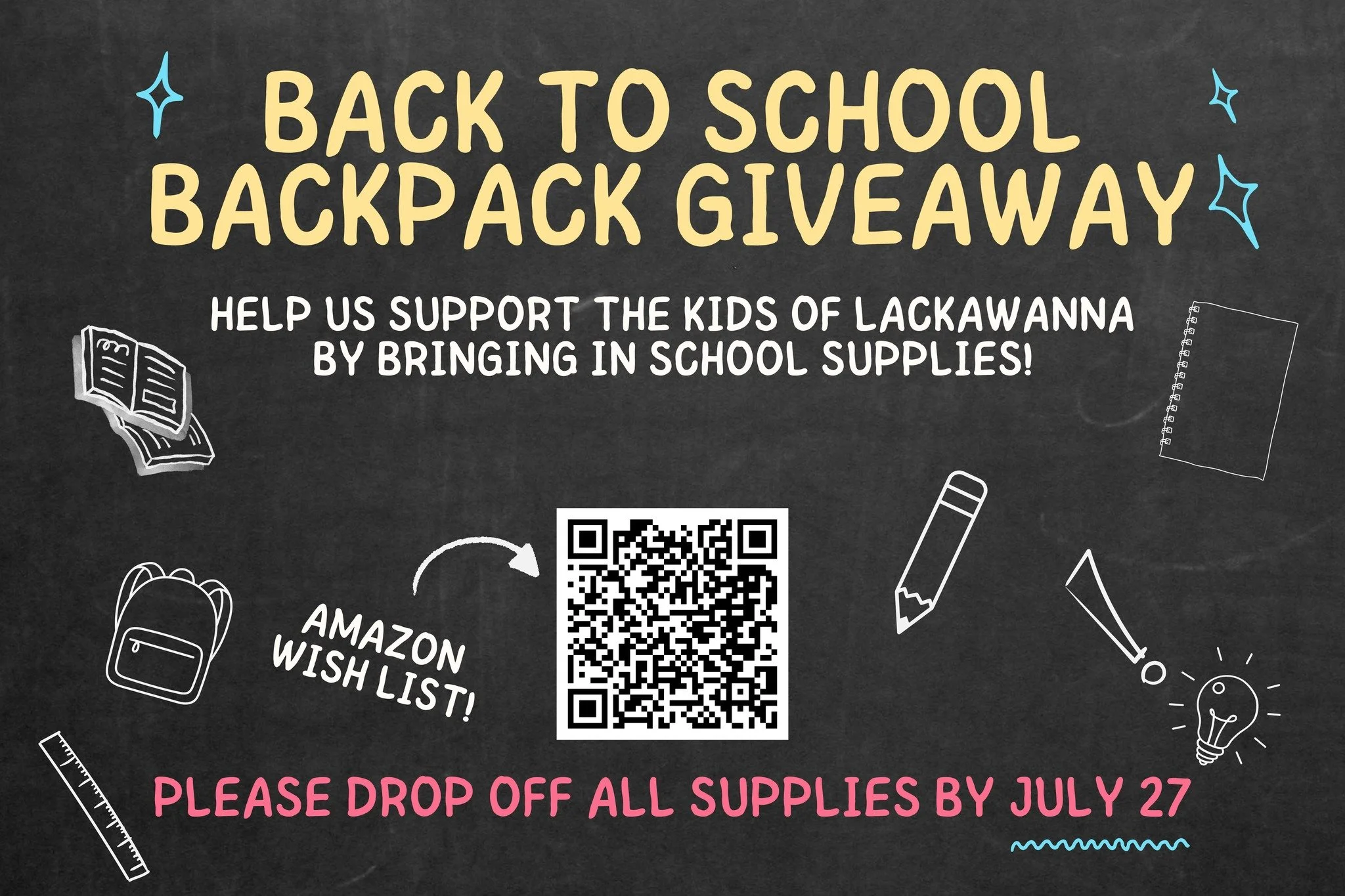 Let&rsquo;s Fill Every Backpack! 🎒

We&rsquo;re partnering with One Love Christian Center to provide school supplies for students in the Lackawanna community&mdash;and you can help make it happen!

🗓️ Supplies due by July 27
📦 Shop our Amazon Wish