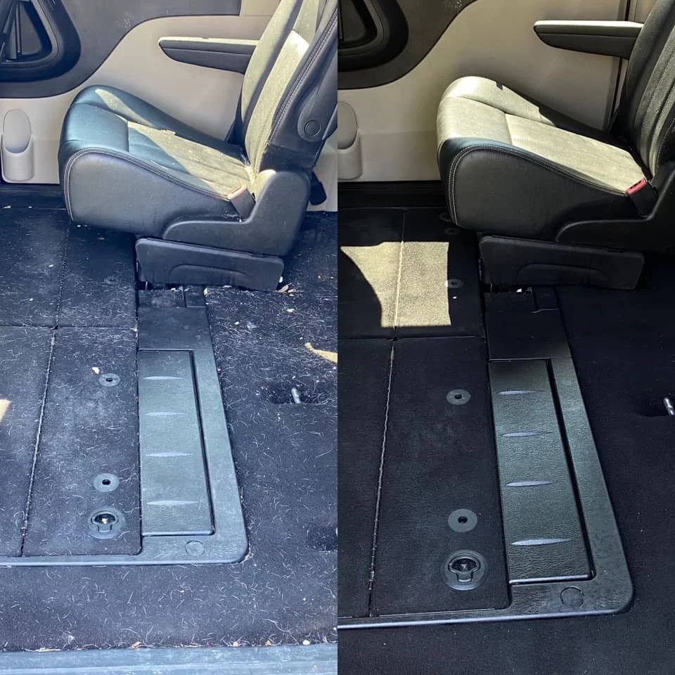Comparison of a vehicle's interior floor area before and after cleaning, showing a seat and floor with and without dirt and debris.