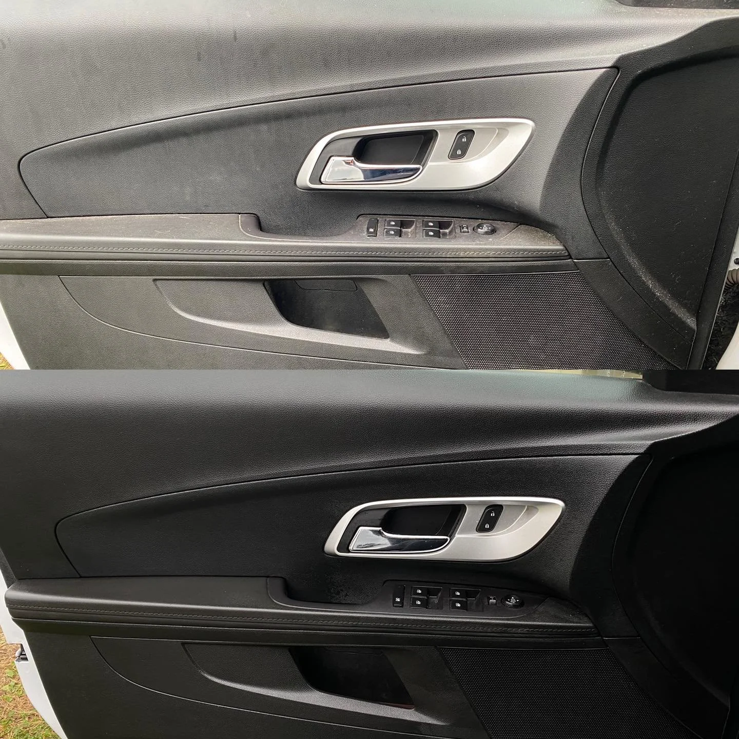 Comparison of two car interior door panels, showing the same door before and after cleaning, with the top panel dirty and the bottom panel clean.