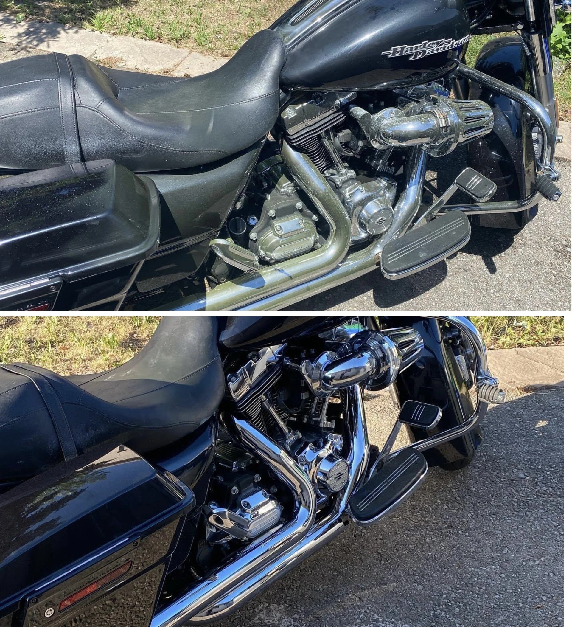Side view of a Harley Davidson motorcycle before and after detailing, showing the engine, seat, and exhaust pipes.