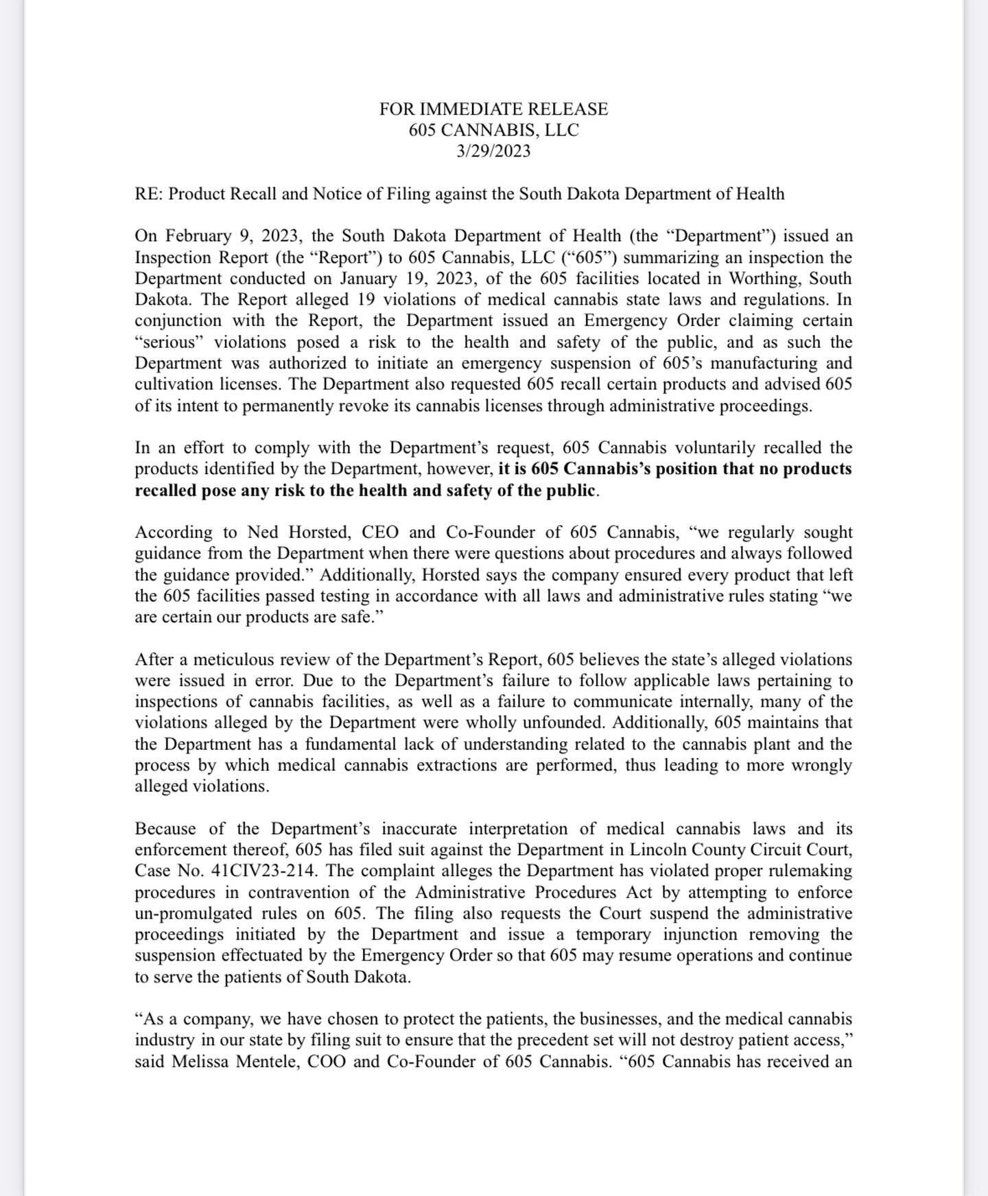 Statement from 605 Ownership &amp; Notice of Filing. 

We will not be answering any questions or responding to comments. All requests for comment should be sent directly to our attorneys.