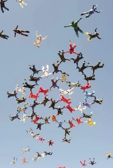 A group of skydivers forming a spiral pattern in the air against a blue sky.