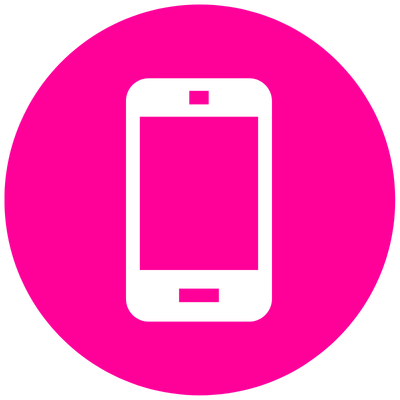 Icon of a smartphone on a pink circular background.