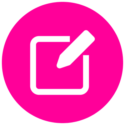 Pink circle with a black checkmark inside a square and a pen overlaying the square.