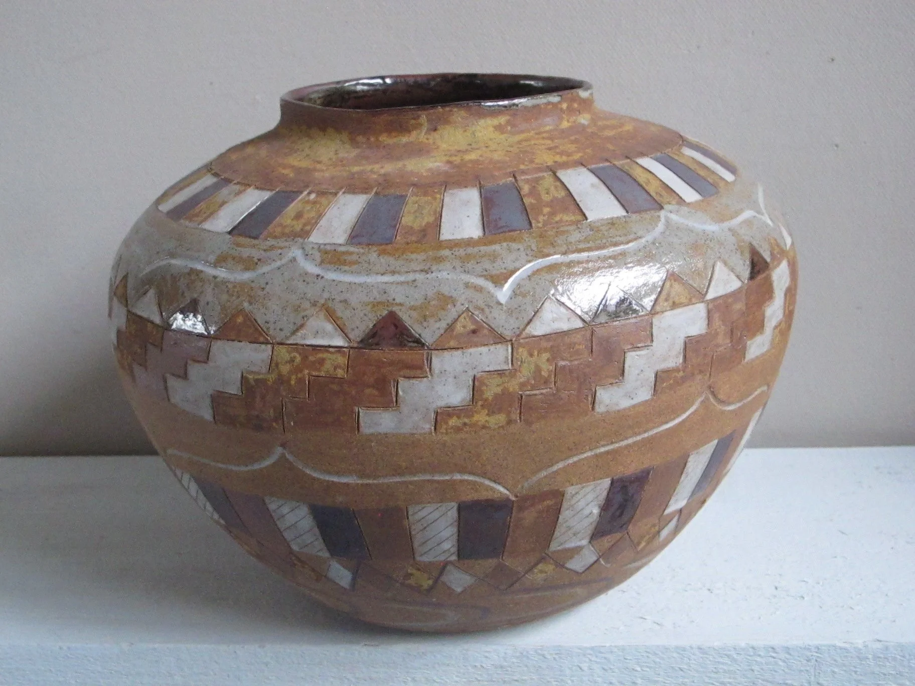 Large Stoneware pot -Dancing Geometrics h. 24cms w.30cms £280.JPG