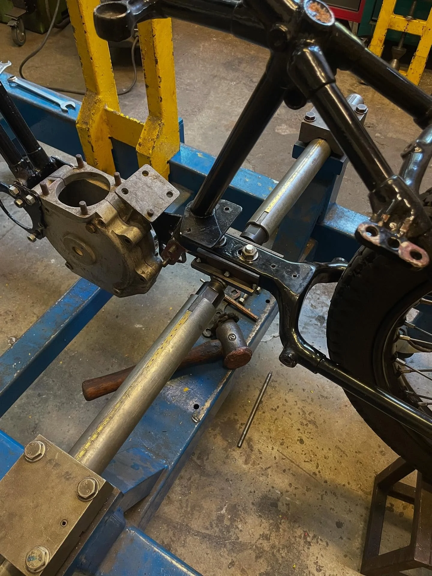 Rigid motorcycle frames require specific methods of location onto our frame jig, here is a Velocette KTS frame with a purpose made tool to fit to gearbox lug to give safe and accurate results..