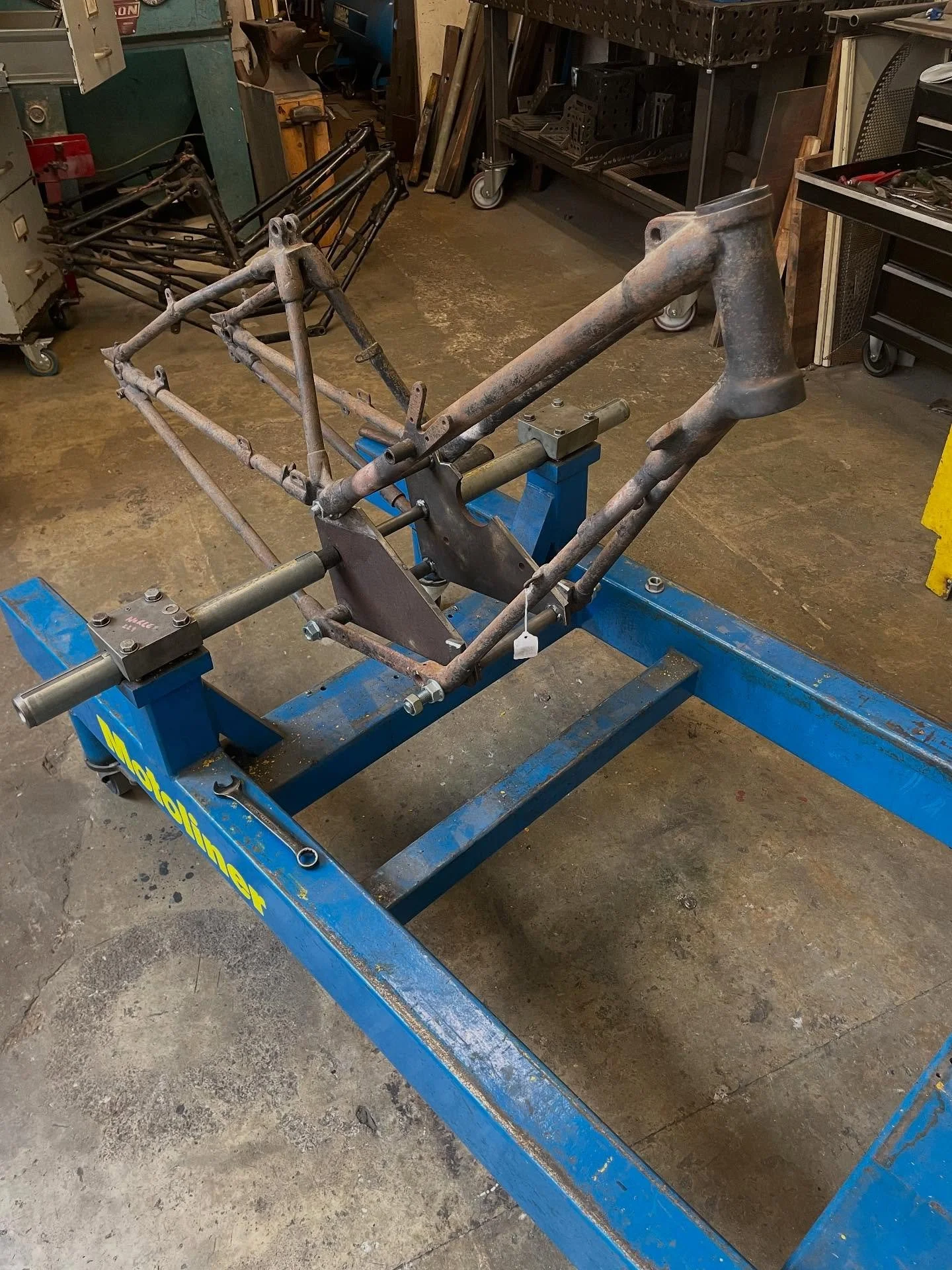 With a few Scott frames coming through the door for straightening we have designed and built an internal support to remove the stress from the motor during straightening, it also acts as a pickup point for our frame jig. #jakerobbinsvintageengineerin