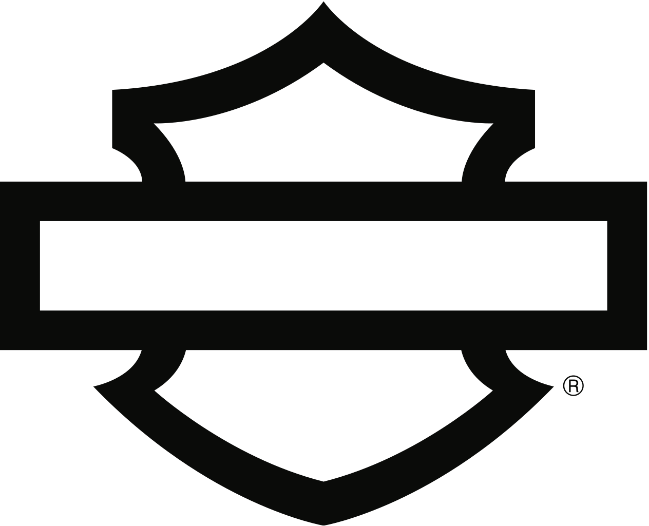 Black and white logo of Harley-Davidson, featuring a shield shape with the brand name in the center.