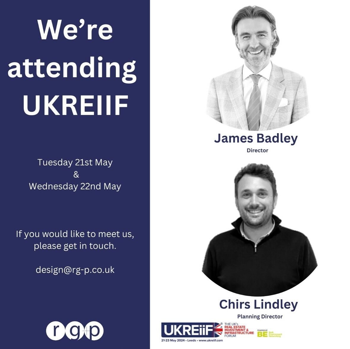 Are you going to UKREiiF? rg+p will be there 👋 

Directors James Badley and Christopher Lindley are attending the Real Estate conference in Leeds in just over a weeks time.

Chris Lindley will be speaking at the &lsquo;Creating award winning spaces 
