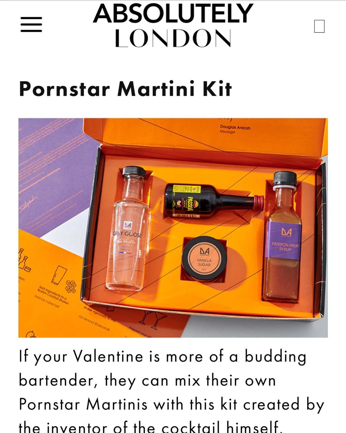 Nice to also be featured in @absolutely_mags - kits can be ordered via our website, Amazon Prime, and other online retailers.
.
.

#pornstarmartini
#cocktails #OPMK #cocktailsofinstagram #cocktailsathome #cocktailkit #pstar #bespokegifts #cocktaillovers
#corporategifting #valentinesday