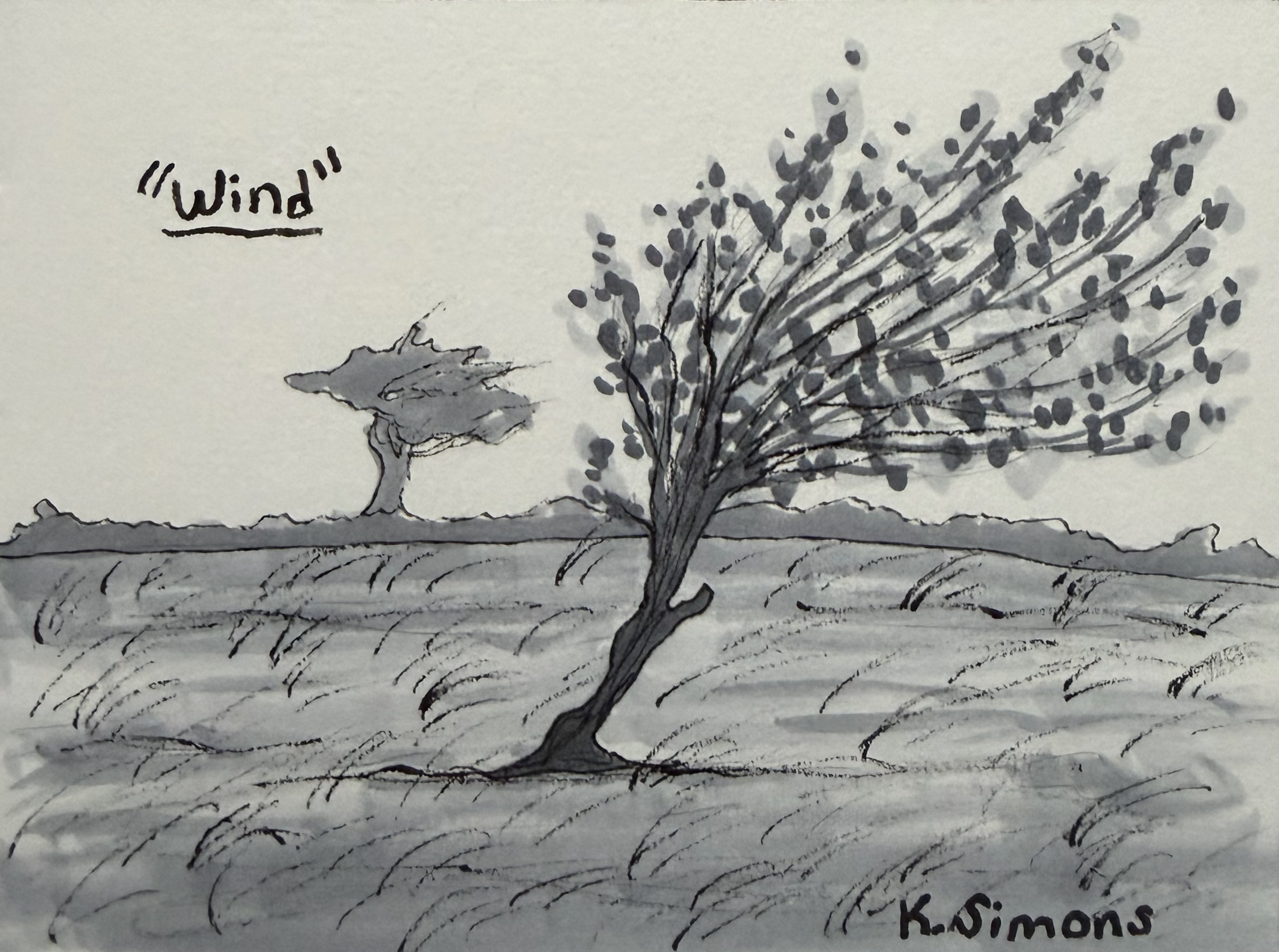 Inktober 52 #26: Wind (Pen, pencil & marker on paper, 4x3 inches, June 2026)