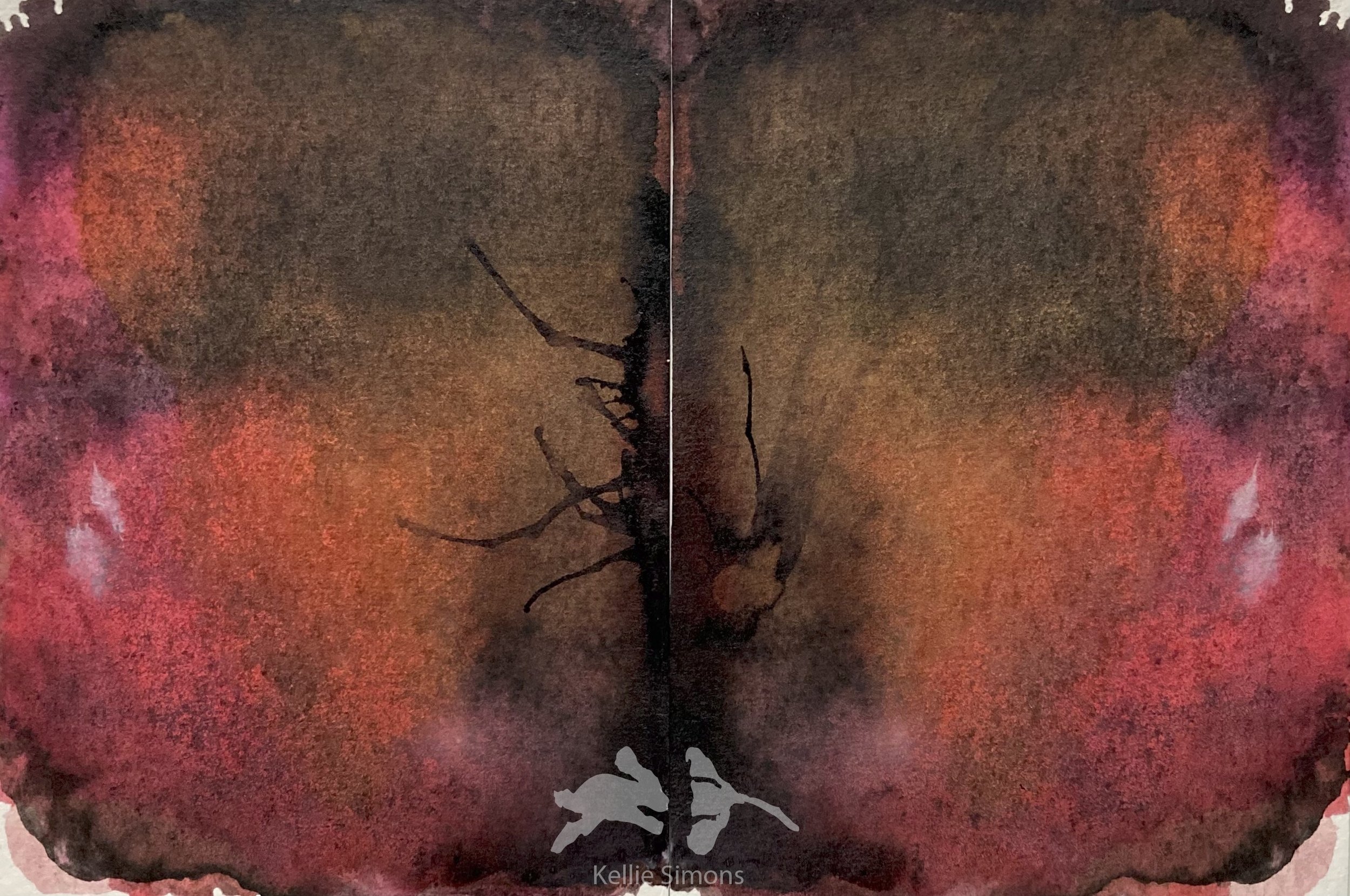 A Quiet Night, Grinding Pigments in the Glow of the Fire (Ink on paper, 9x6 inches together, February 2024)