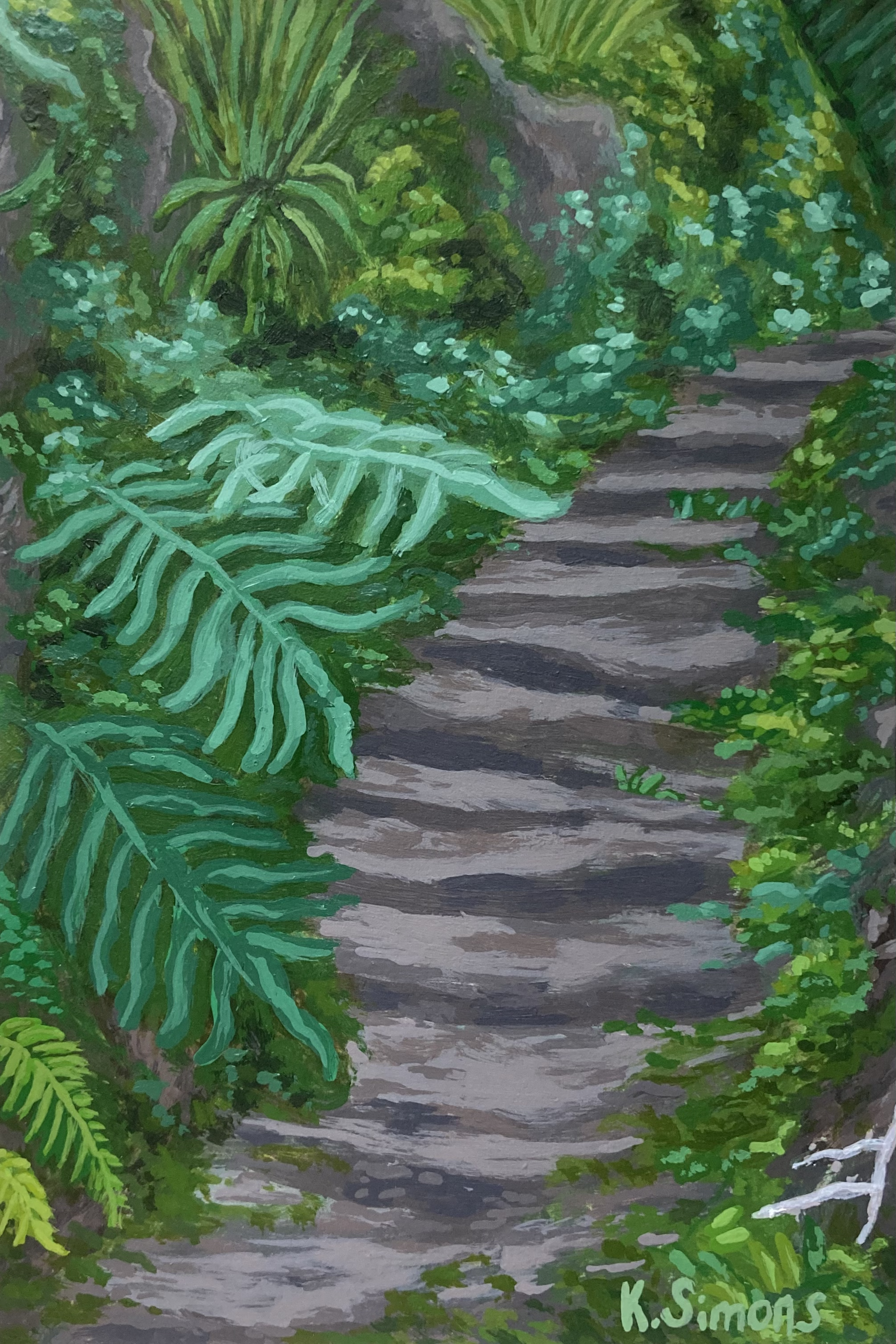 Fernery Steps (Acrylic on paper, 4x5.75 inches, April 2025)
