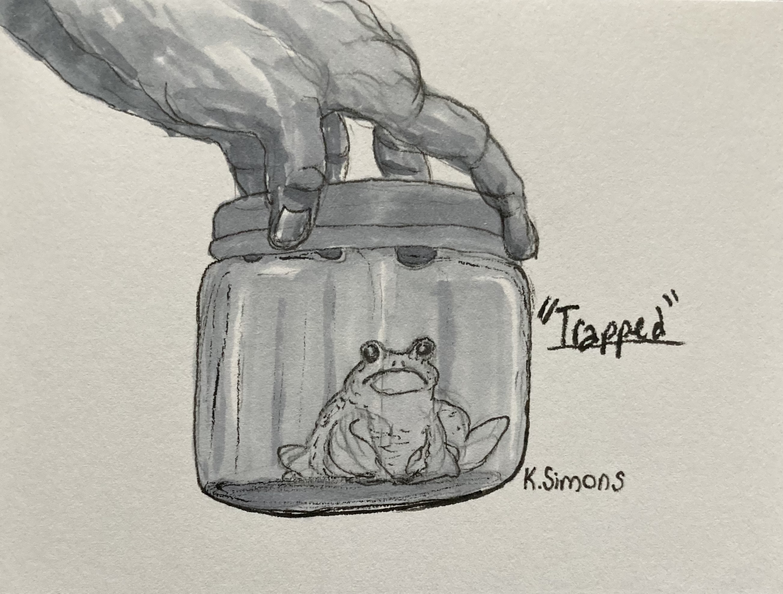 Trapped (Pen, pencil & marker on paper, 4x3 inches, February 2026)