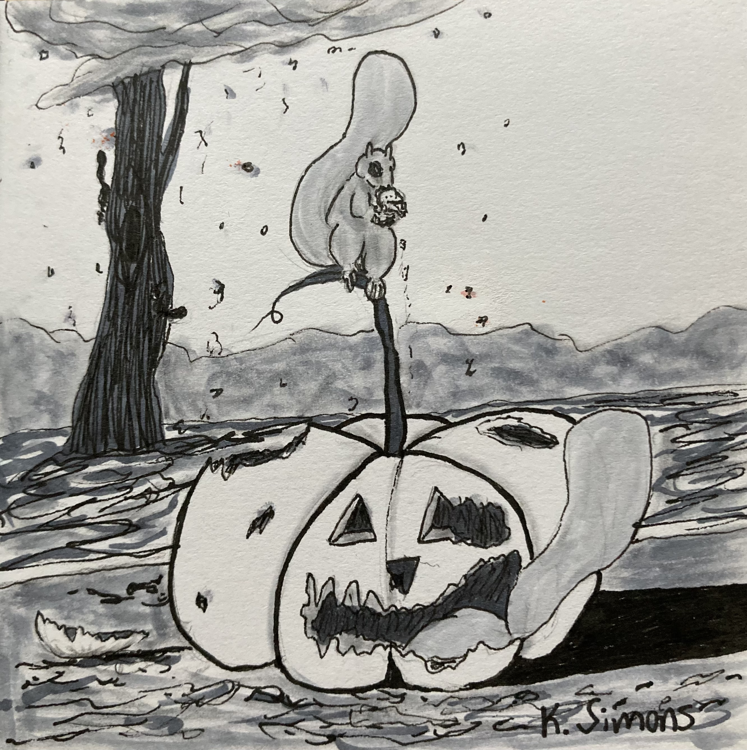 Snacks (Pen, marker & pencil on paper, 3.75x3.75 inches, October 2024)
