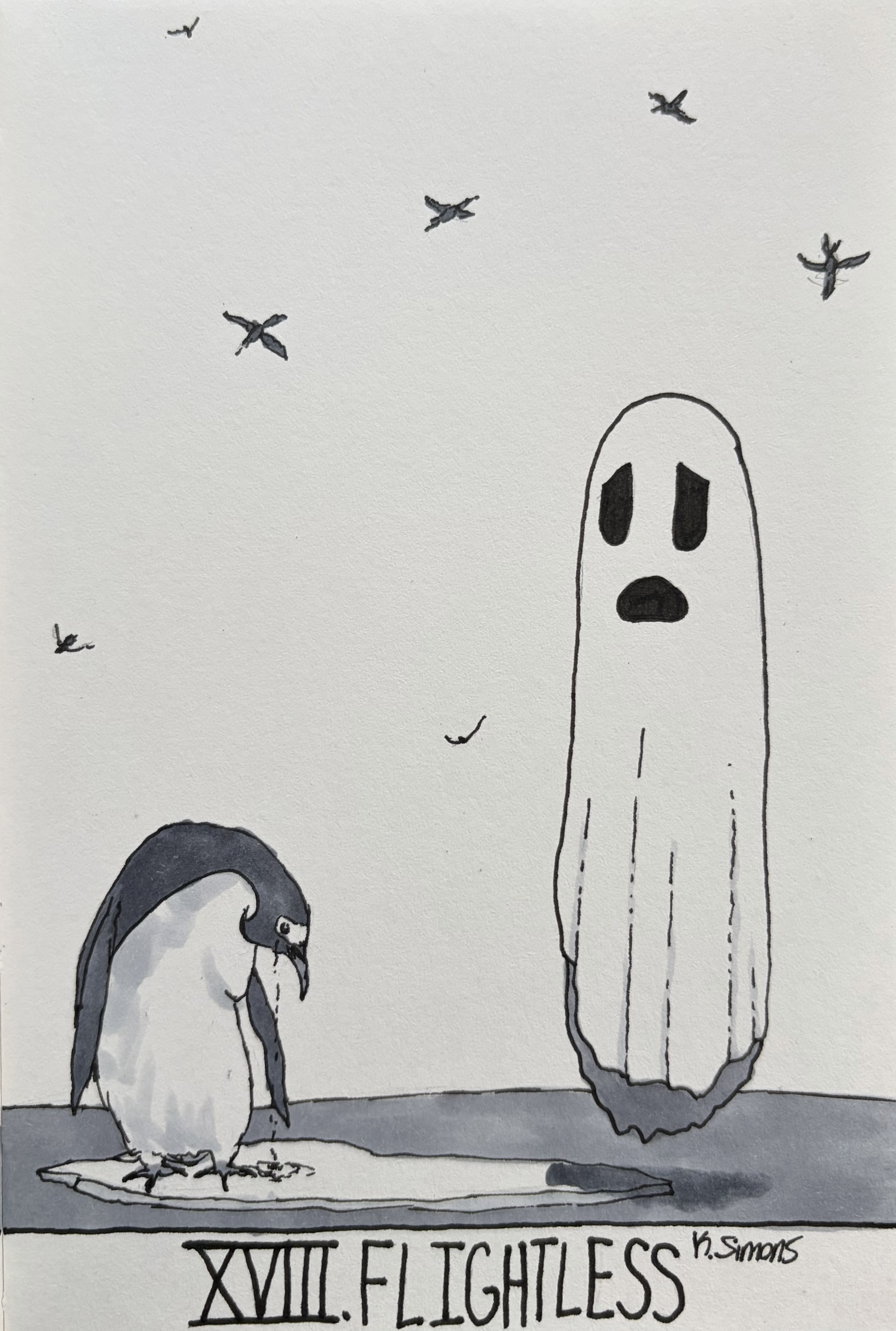 Flightless (Pen, pencil & marker on paper, 4x6 inches, October 2026)