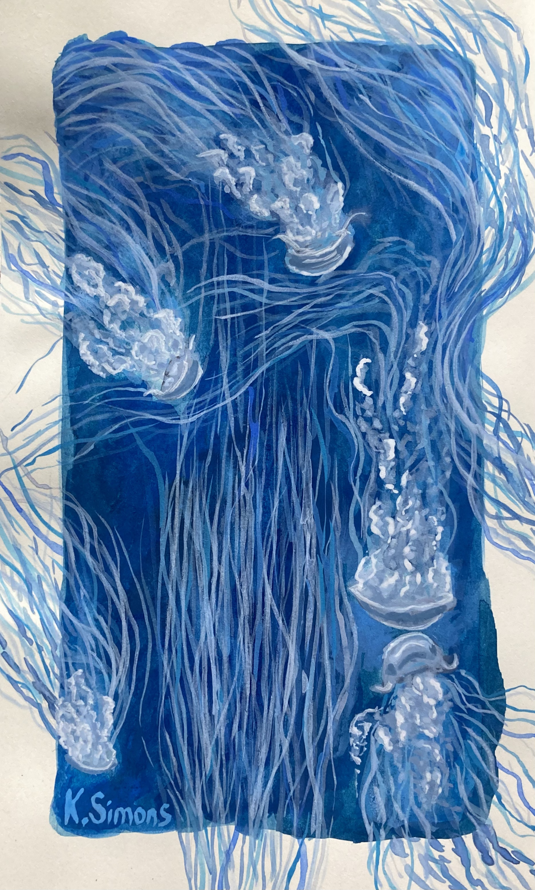 Jellyfish (Gouache on paper, 4x7 inches, 5x8 inches total, August 2025)
