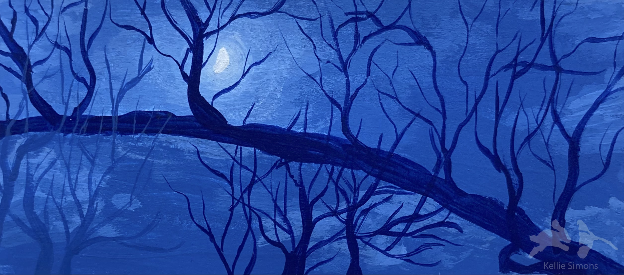 Moon and Trees (Gouache on paper, 3.75x1.75 inches, December 2025)