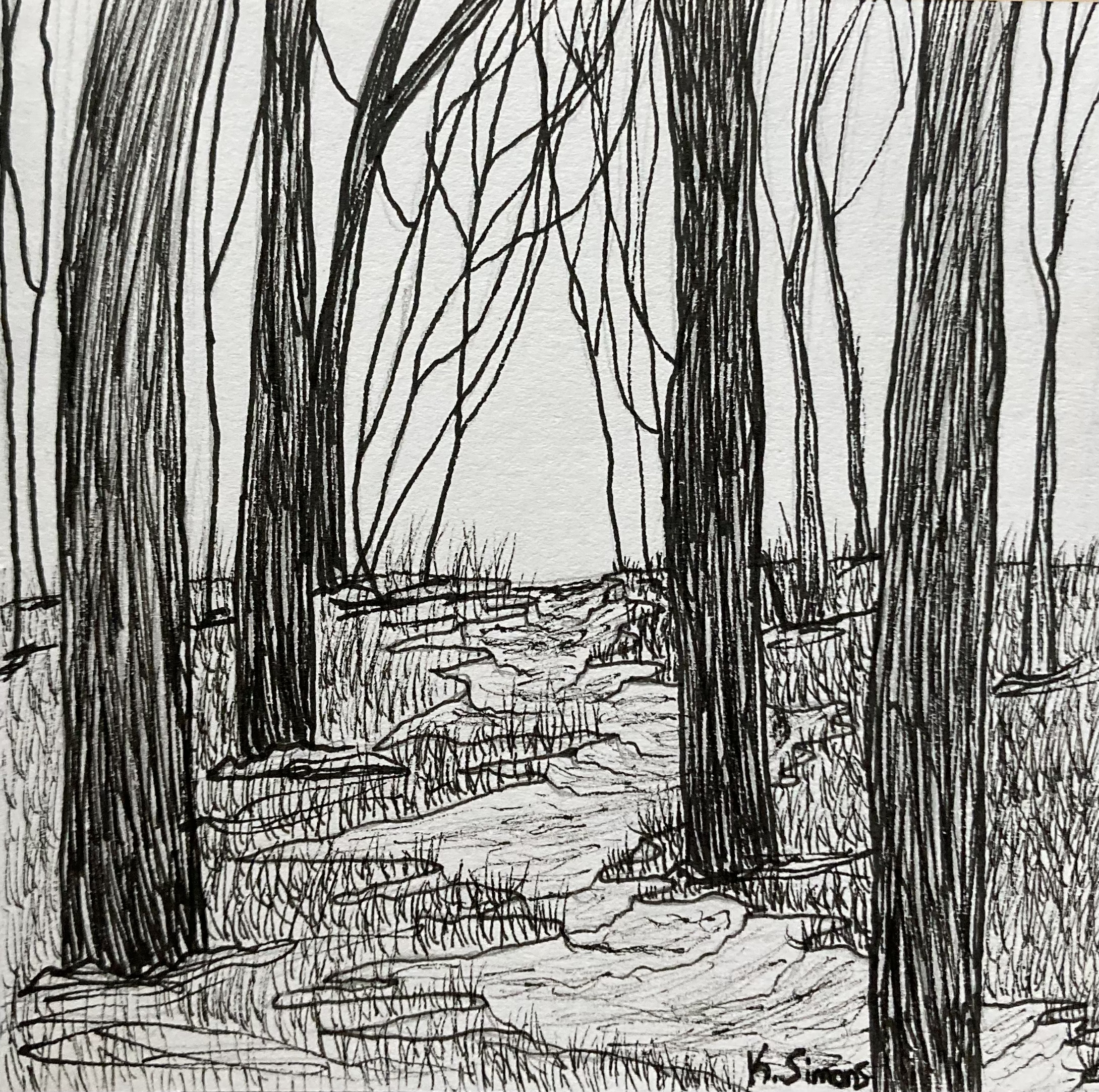Sunken Path (Pen & pencil on paper, 3.75x3.75 inches, October 2024)