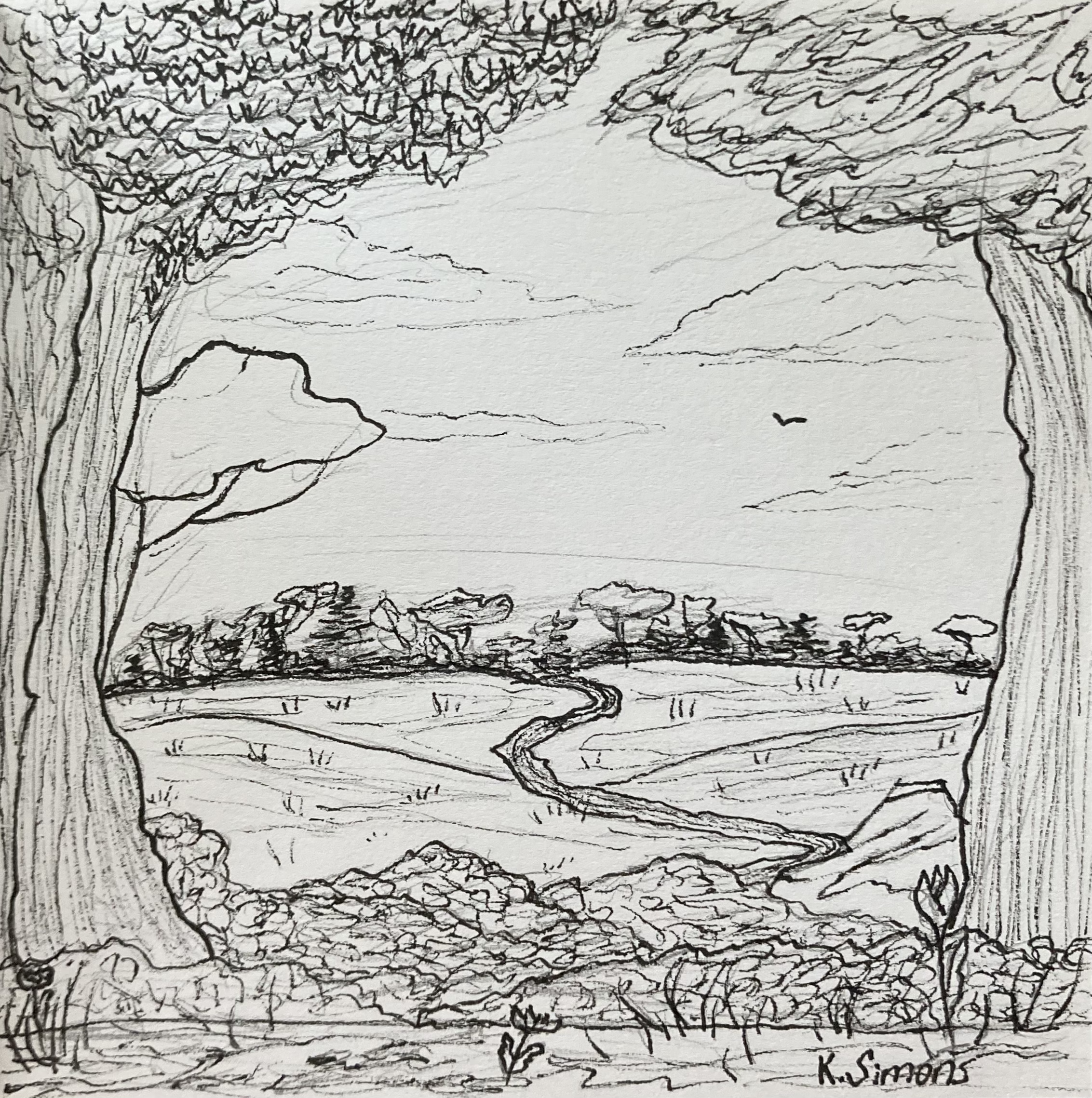 Vista (Pen & pencil on paper, 3.75x3.75 inches, April 2025)