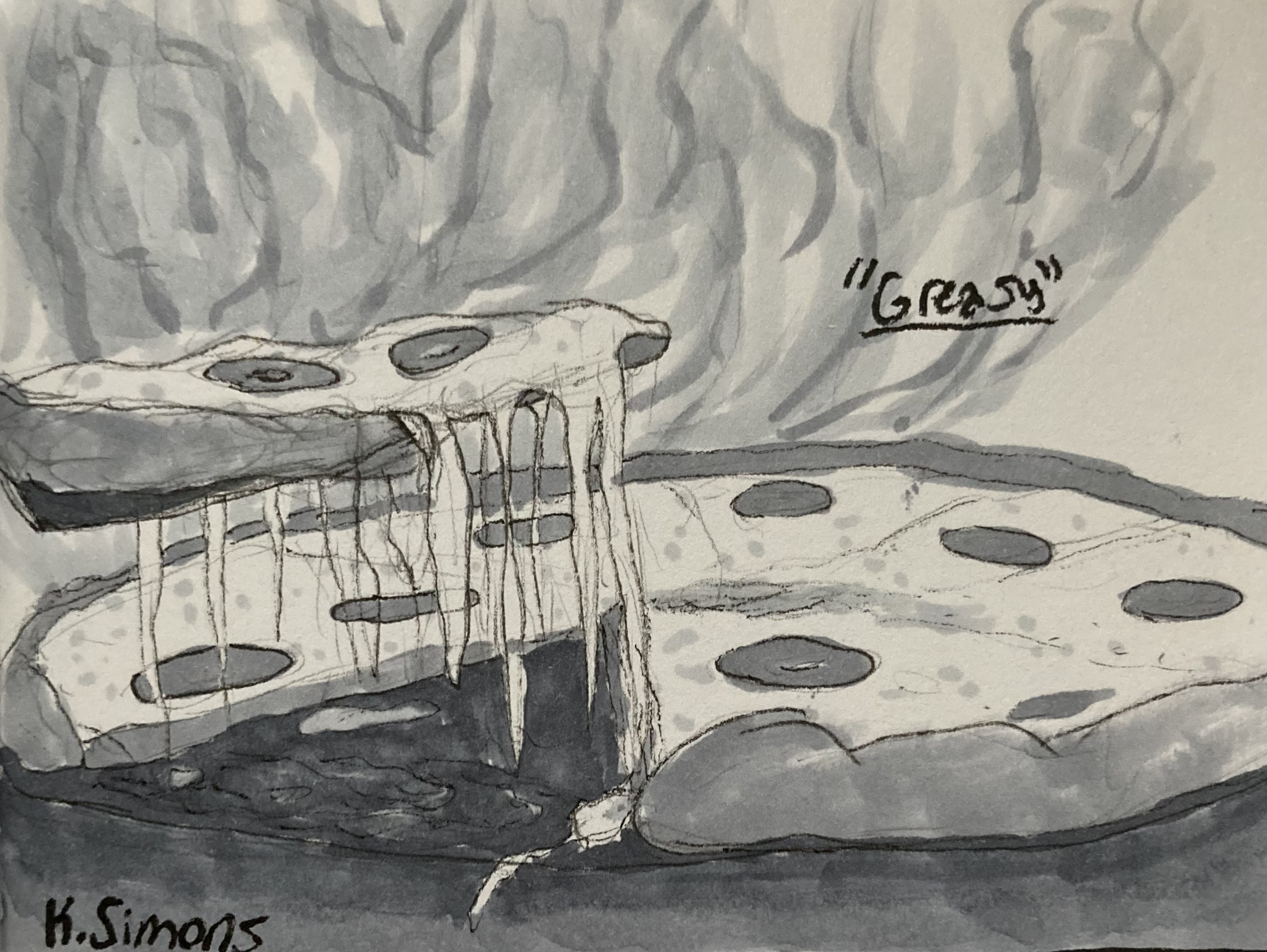 Greasy (Pen, pencil & marker on paper, 4x3 inches, April 2026)