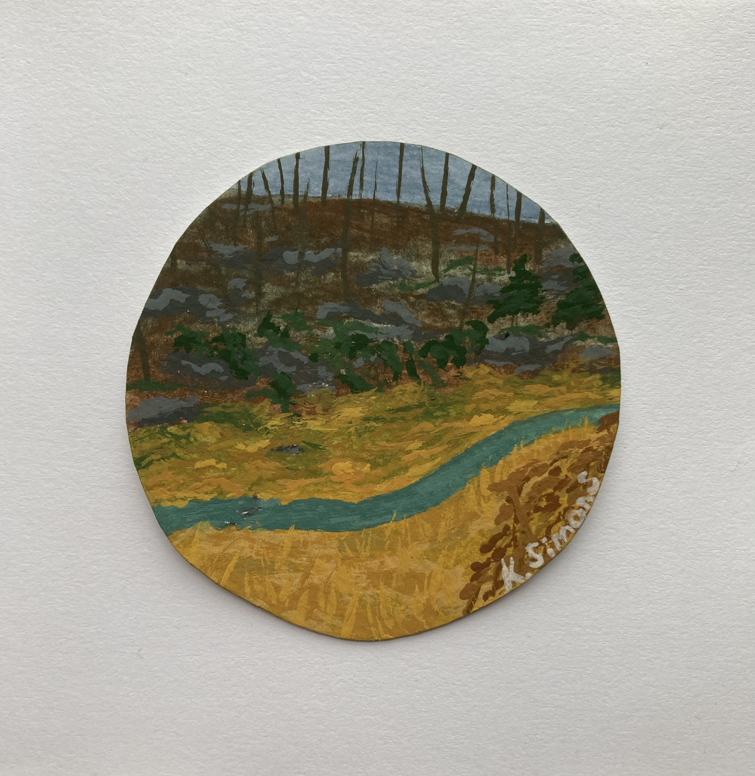 Canal (Gouache on paper, 2.25 inch diameter, March 2025)