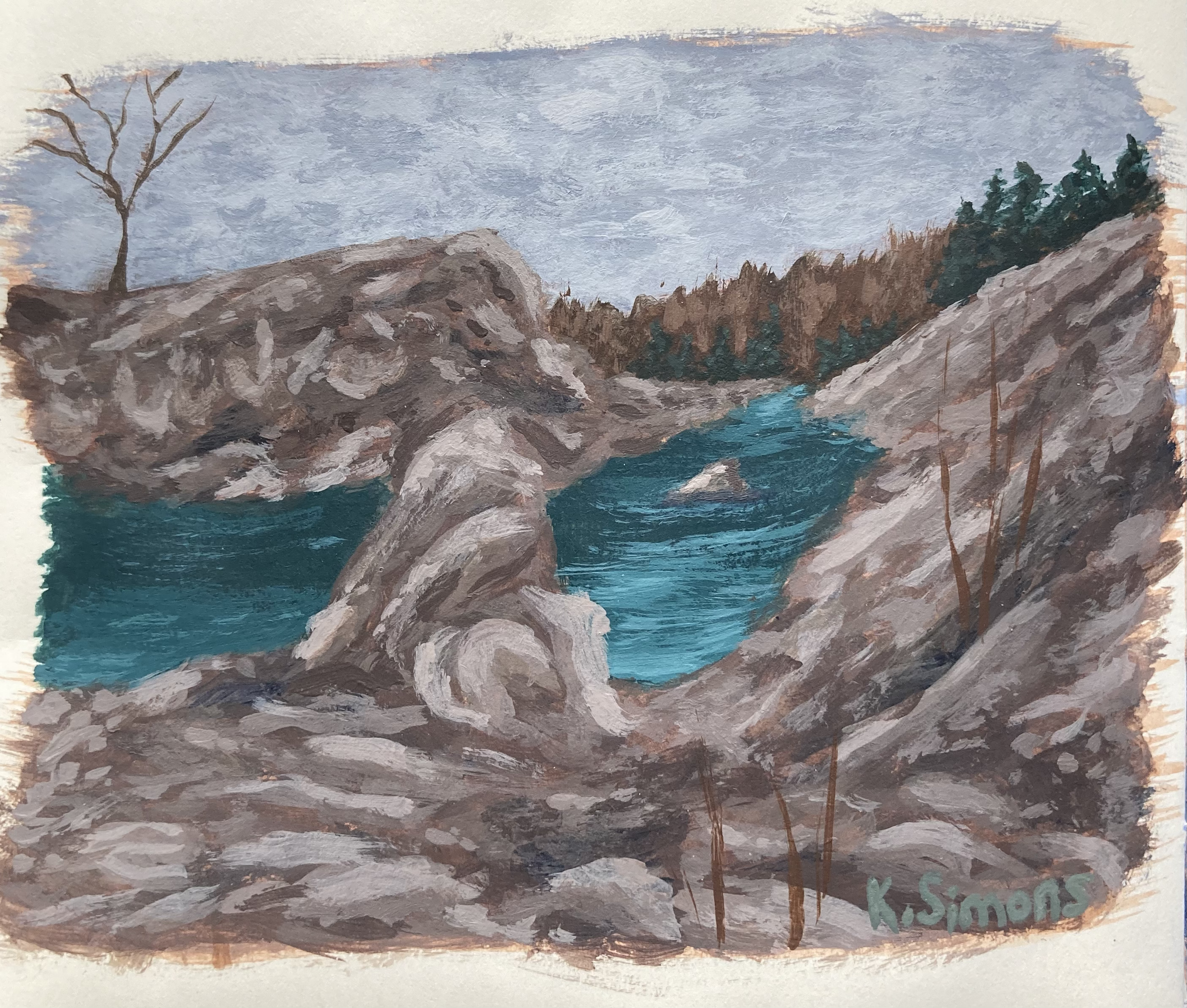 Canal Winter Study II (Acrylic on paper, approx. 4.75x3.5 inches, December 2025)