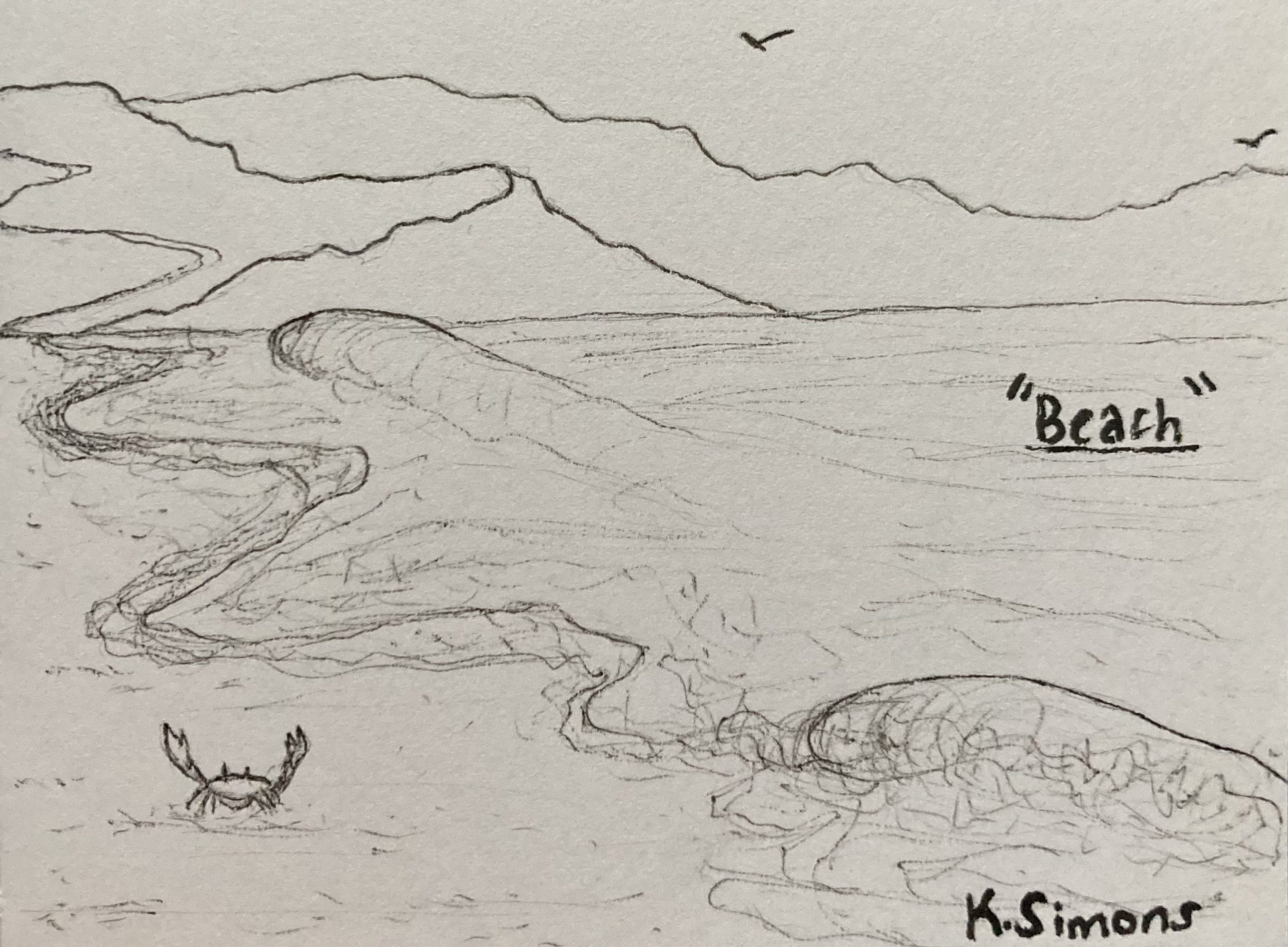 Inktober 52 #24: Beach (Pen & pencil on paper, 4x3 inches, June 2026)