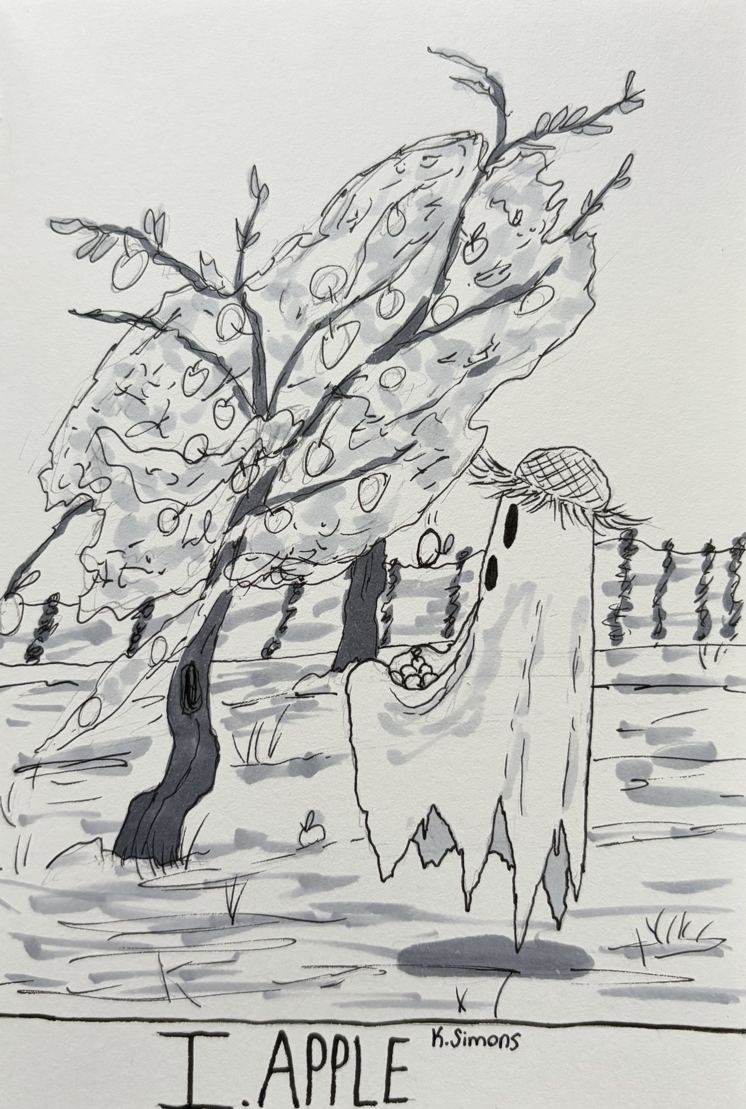 Apple (Pen, pencil & marker on paper, 4x6 inches, October 2026)