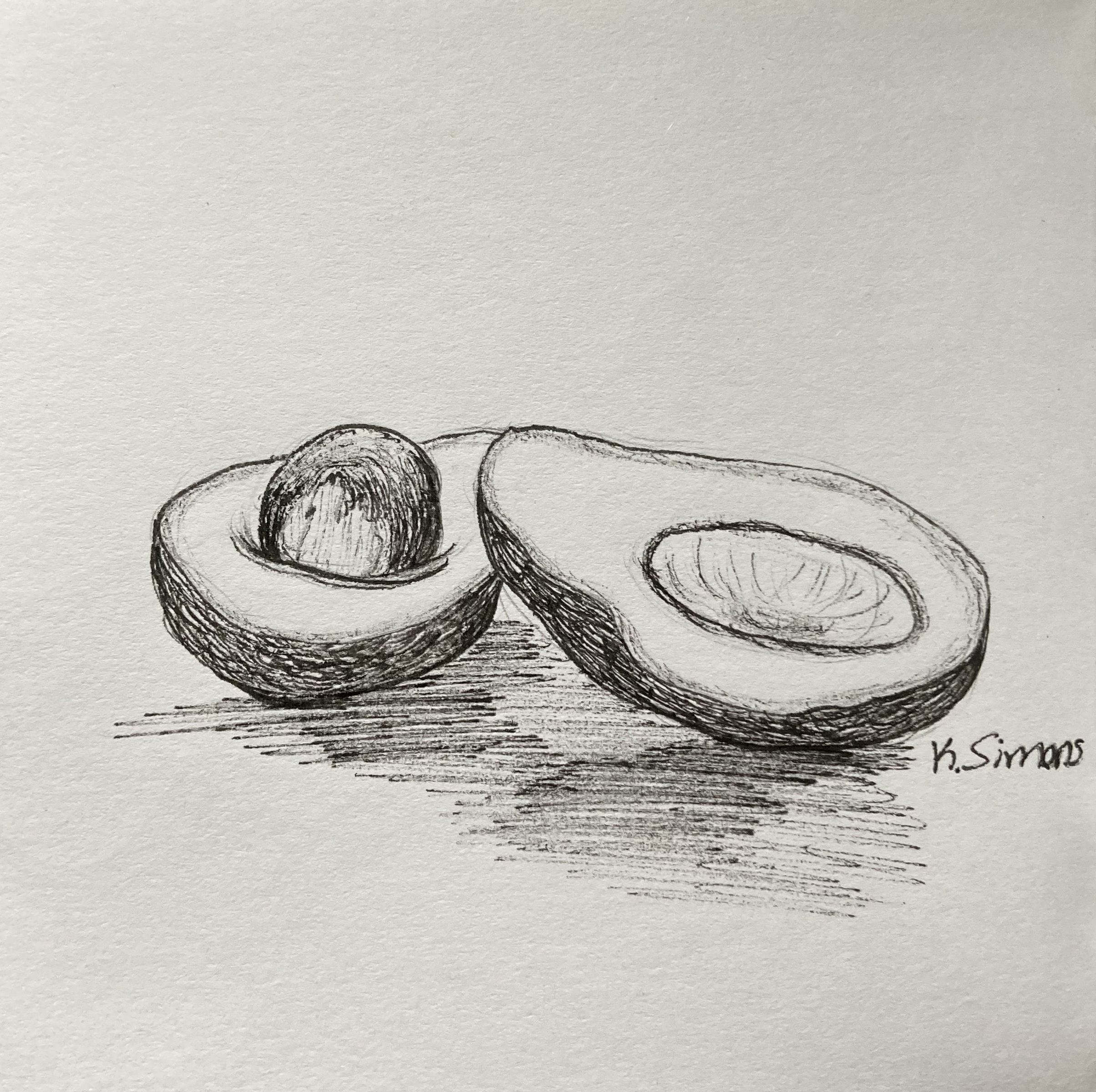 Avocado (Pen & pencil on paper, 3.75x3.75 inches, September 2025)