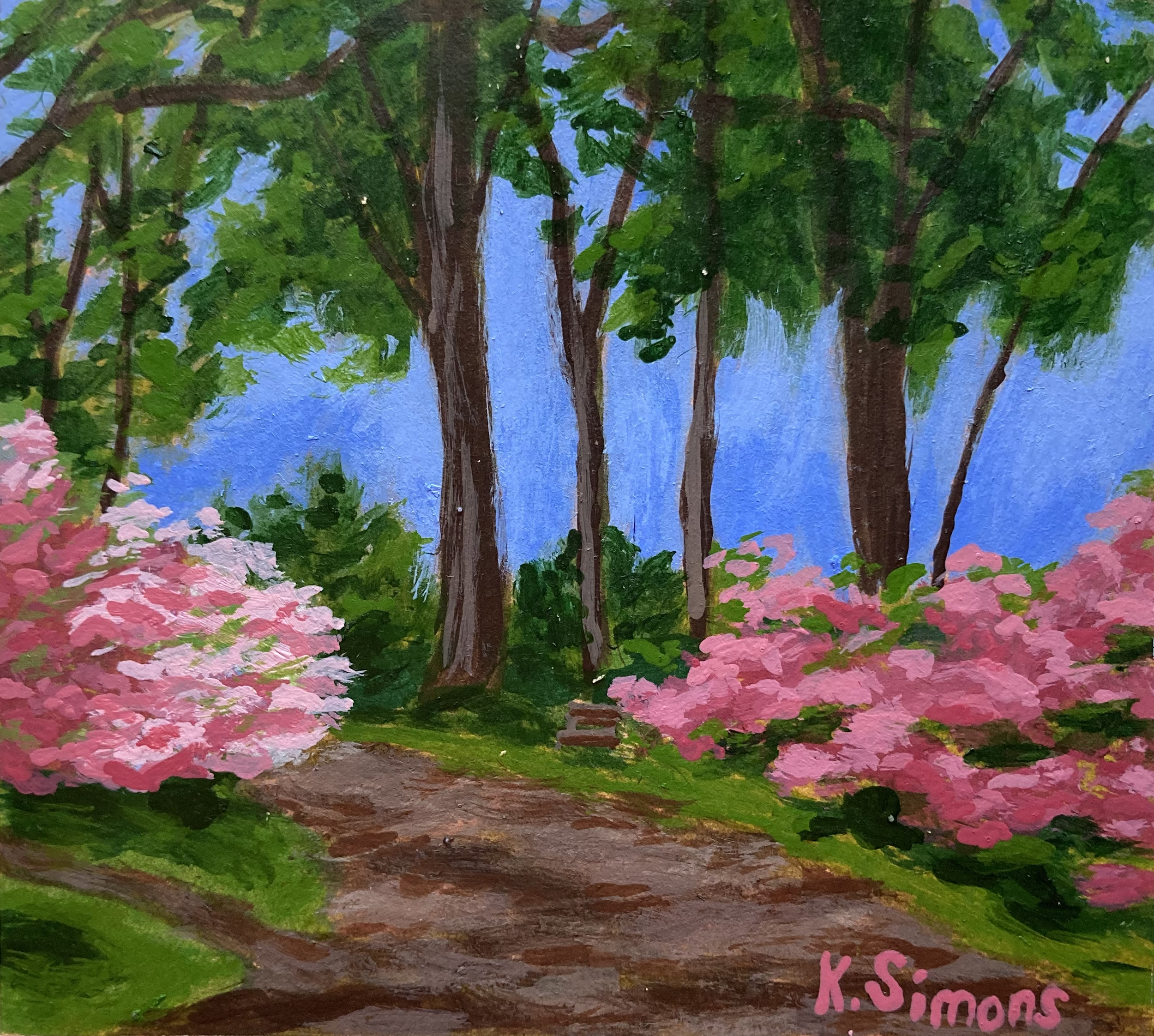 Azalea Path (Acrylic on paper, 3.75x3.5 inches, May 2025)