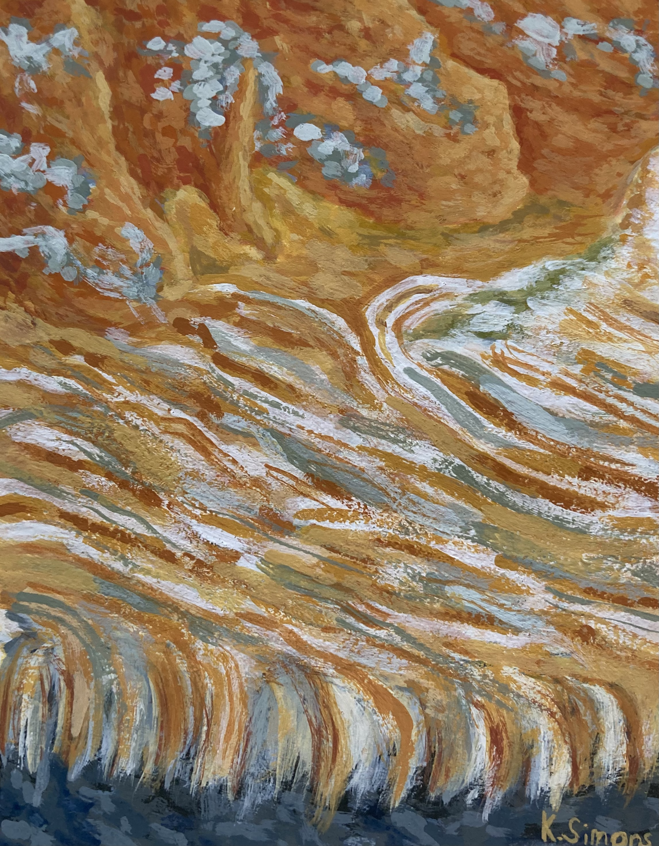 Little Limestone Cone Pooling Out in Ripples (Gouache on paper, 3x3.75 inches, March 2024)