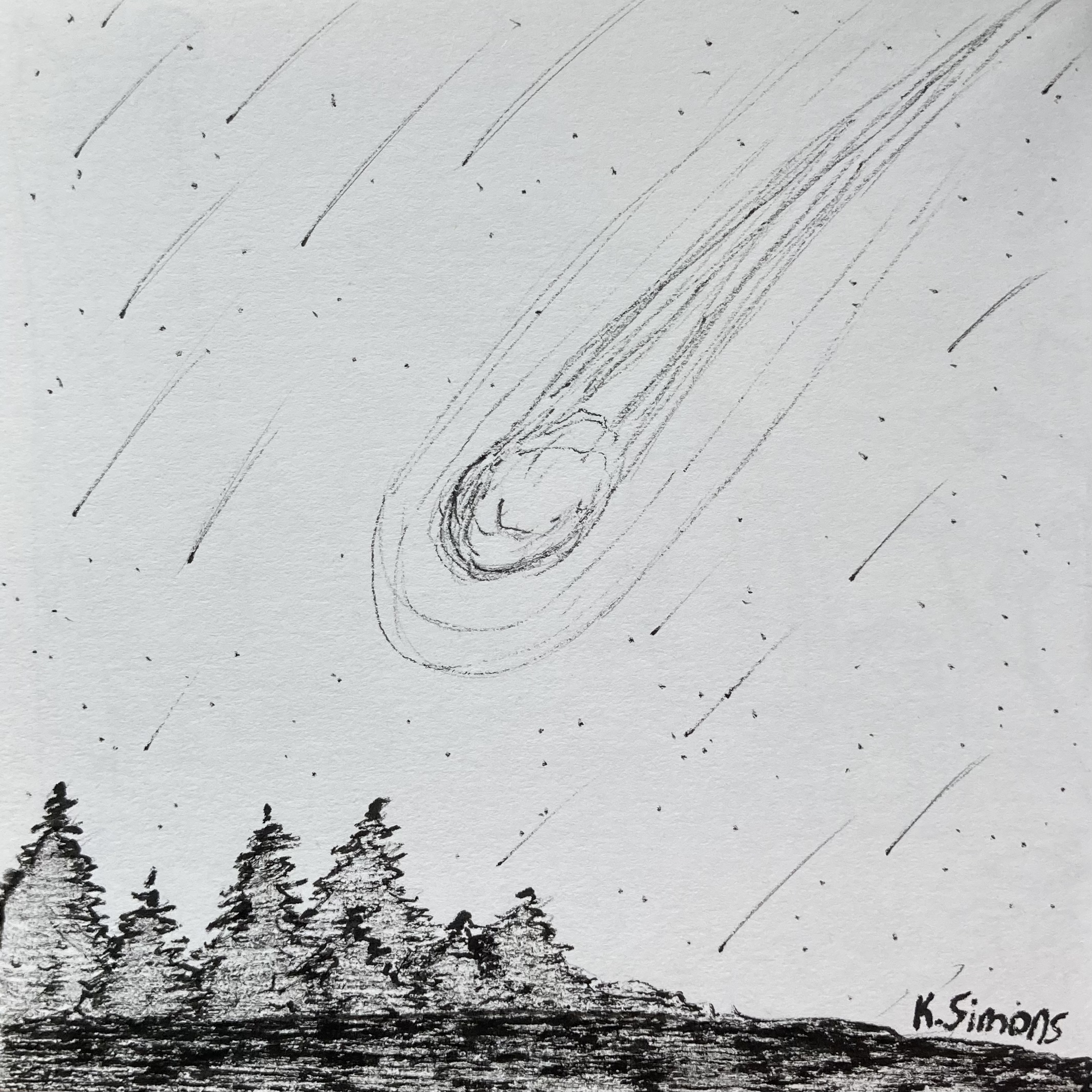 Meteor Shower (Pen & pencil on paper, 3.75x3.75 inches, January 2026)