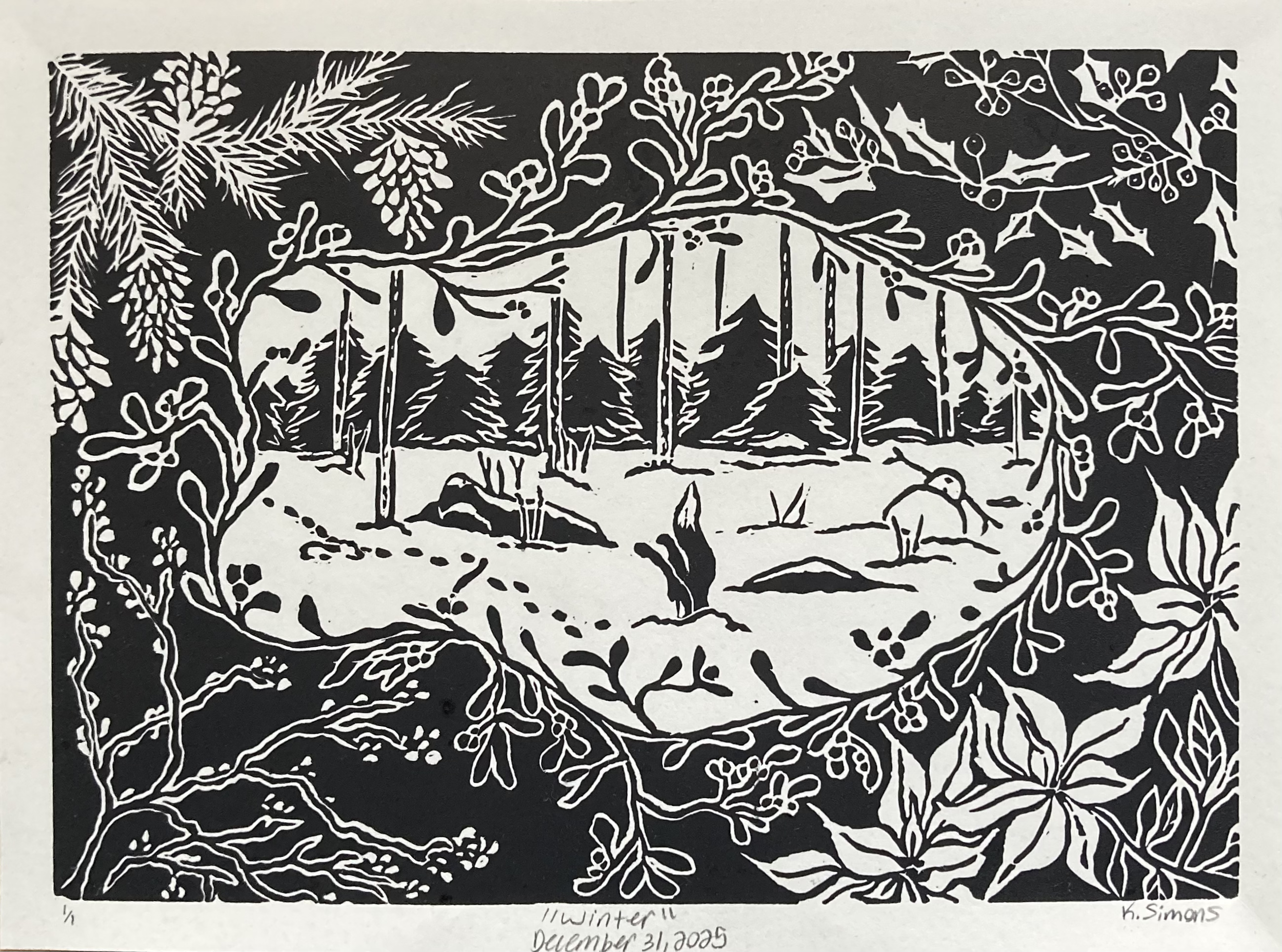 Winter (Ink on paper, 7x5 inches, 7.5x5.5 inches total, December 2025)