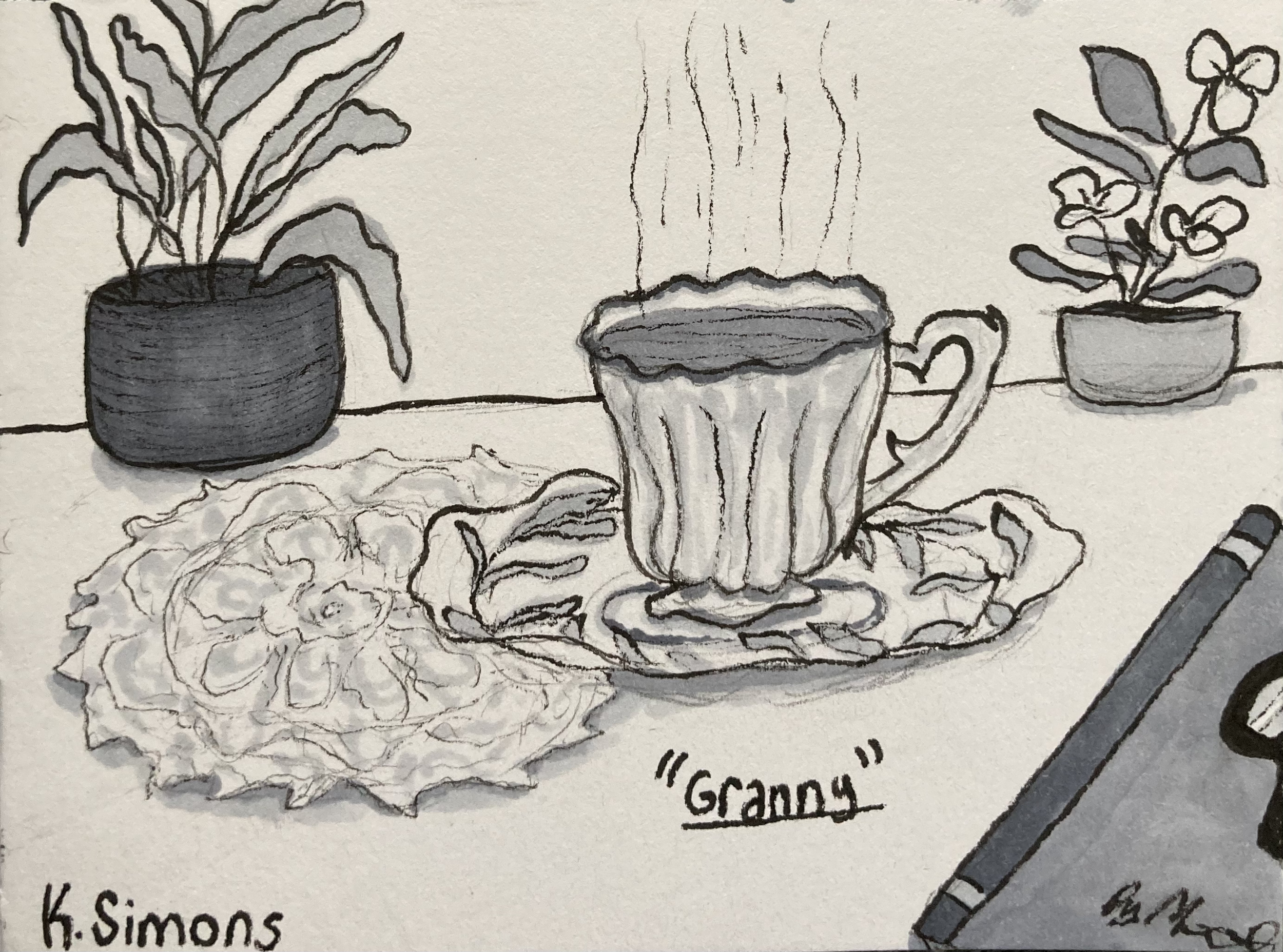 Inktober 52 #6: Granny (Pen, pencil & marker on paper, 4x3 inches, February 2026)