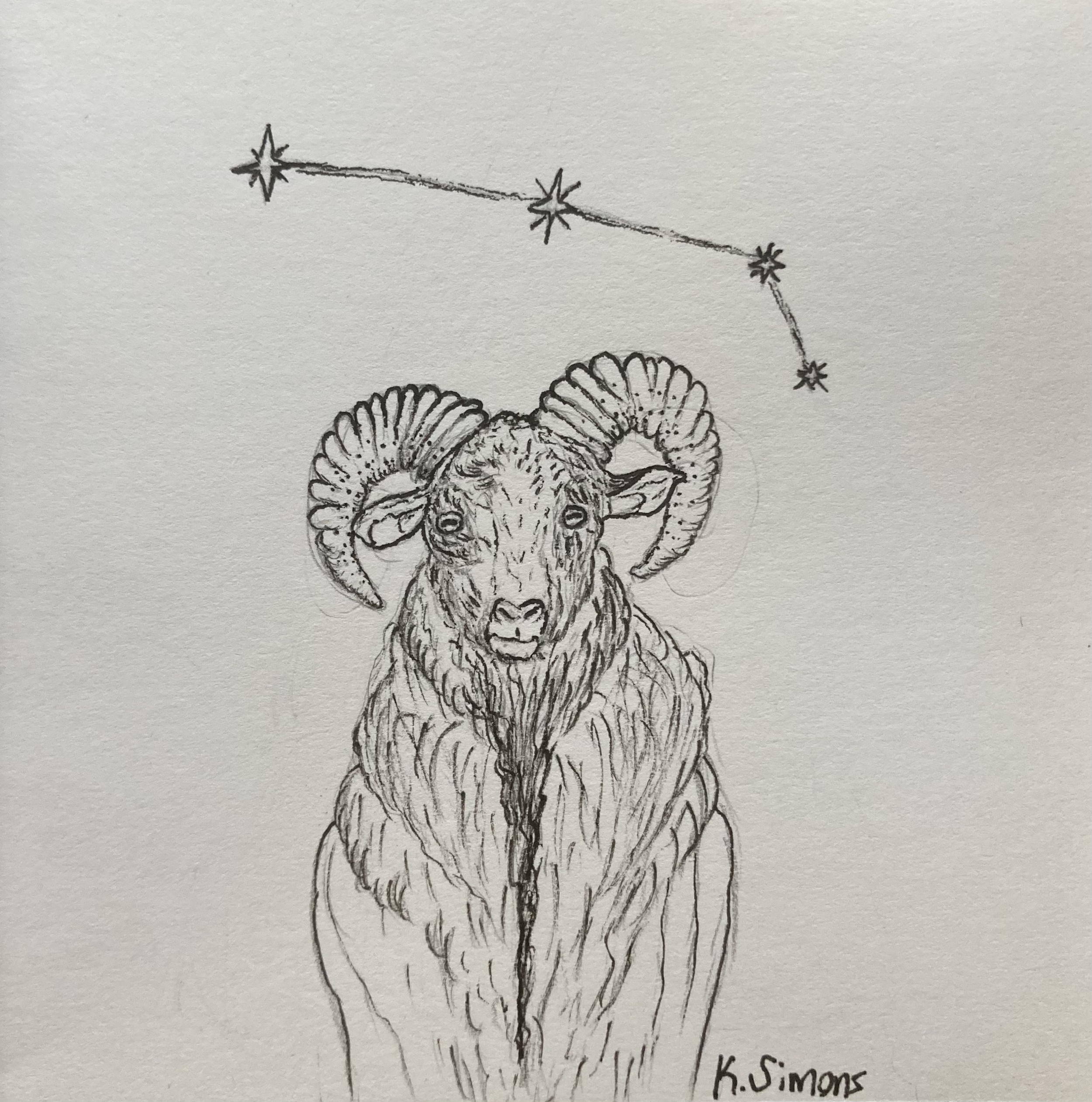 Aries (Pen & pencil on paper, 3.75x3.75 inches, March/April 2025)
