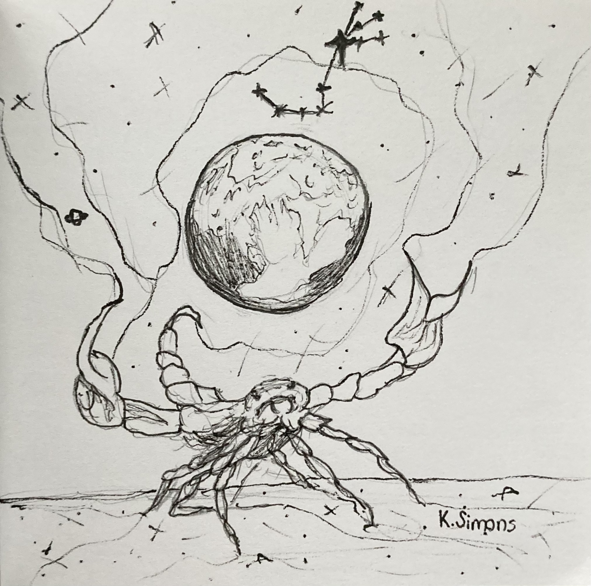 Scorpio (Pen & pencil on paper, 3.75x3.75 inches, November 2025)