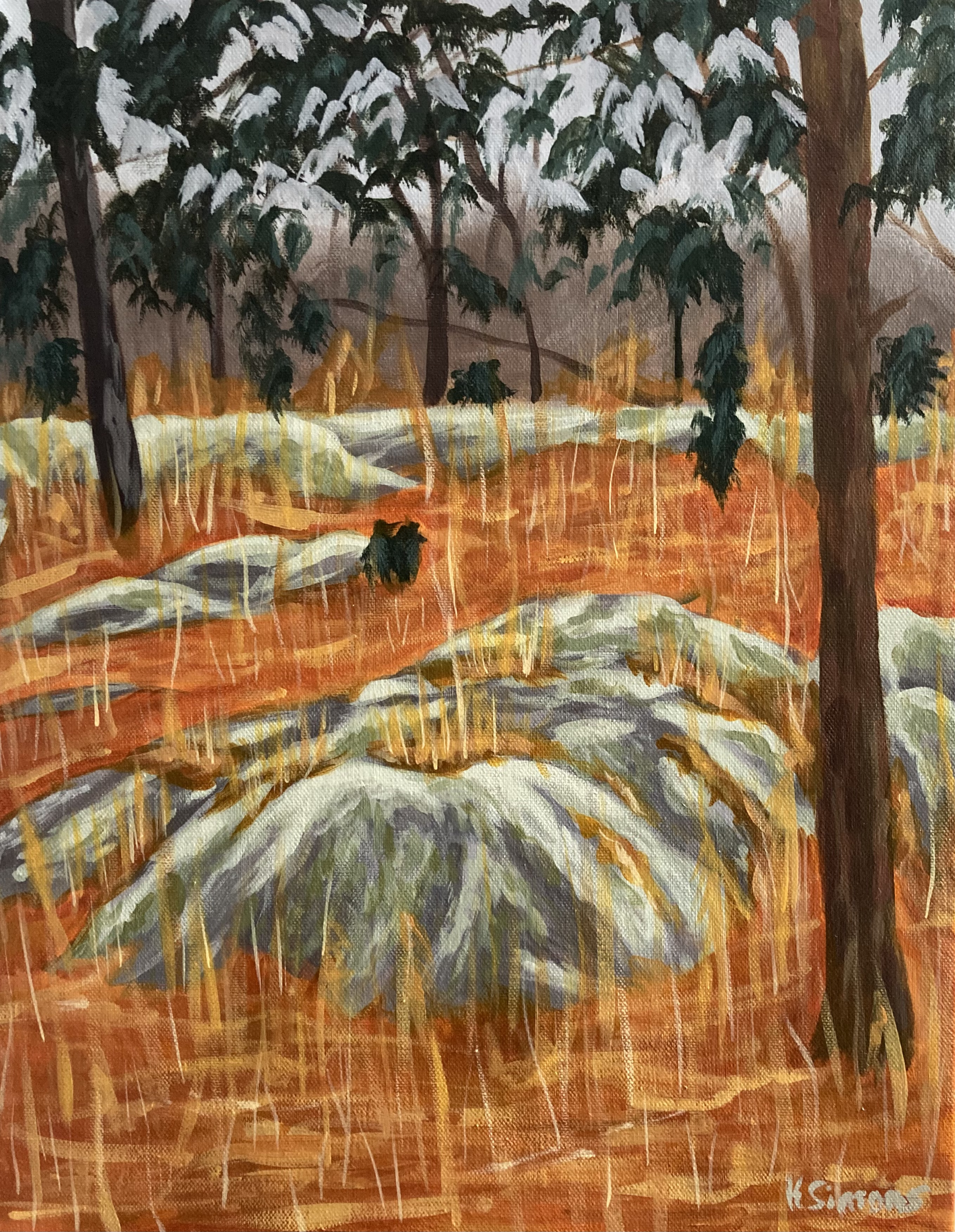 Field of Mossy Rocks & Fiery Grass (Acrylic on canvas, 14x18 inches, December 2023)