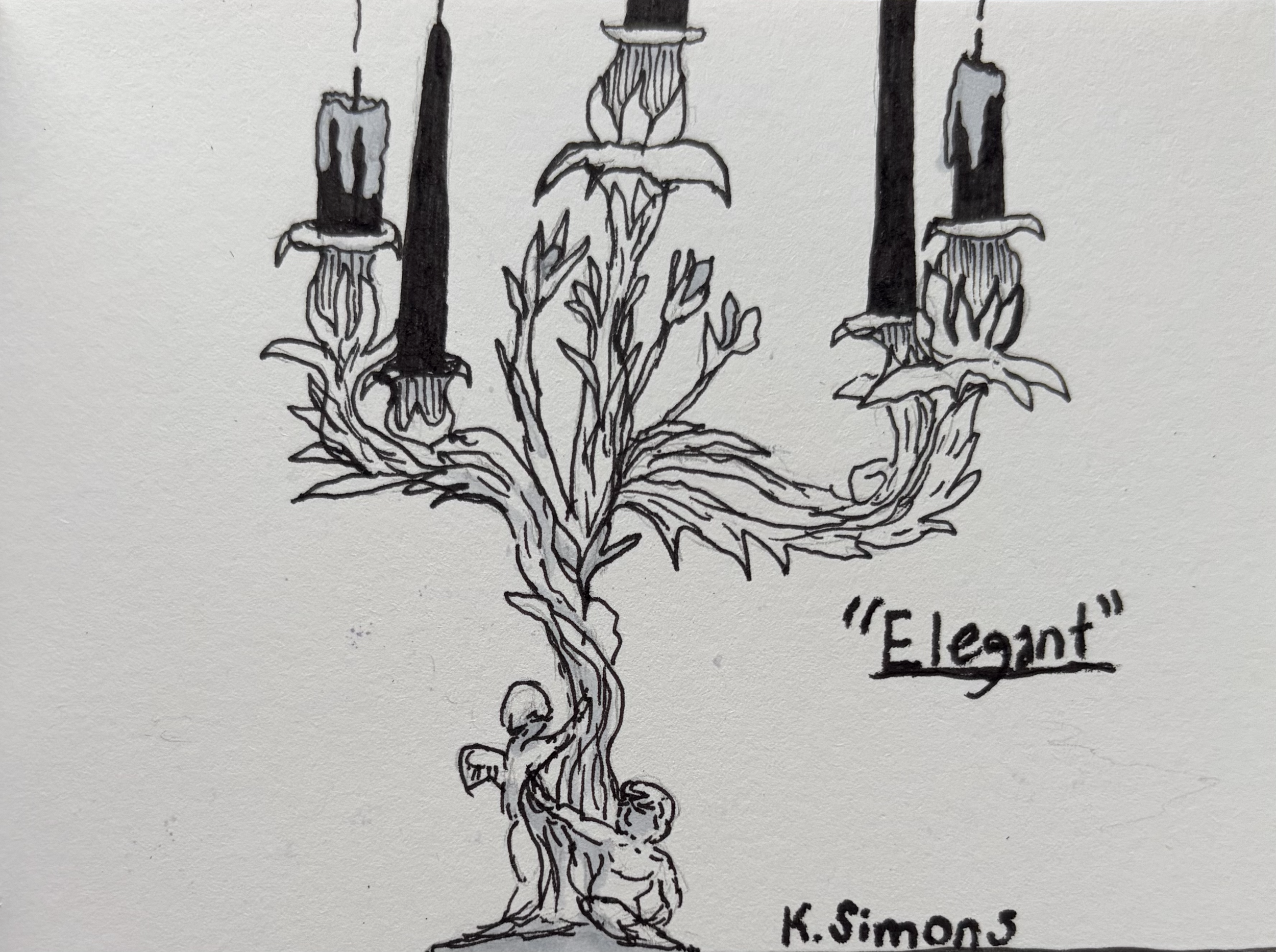 Inktober 52 #29: Elegant (Pen, pencil & marker on paper, 4x3 inches, July 2026)