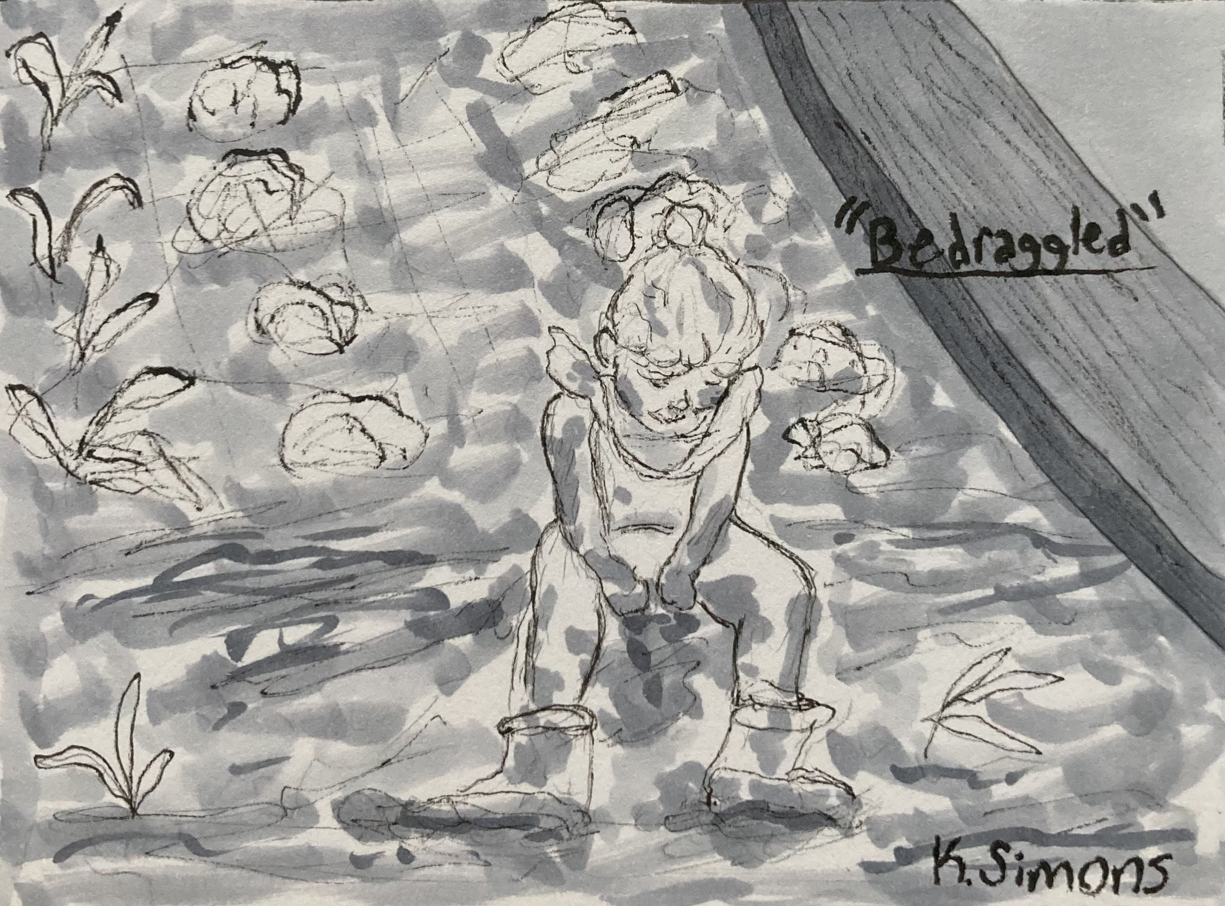 Inktober 52: #22 Bedraggled (Pen, pencil & marker on paper, 4x3 inches, May & June 2026)