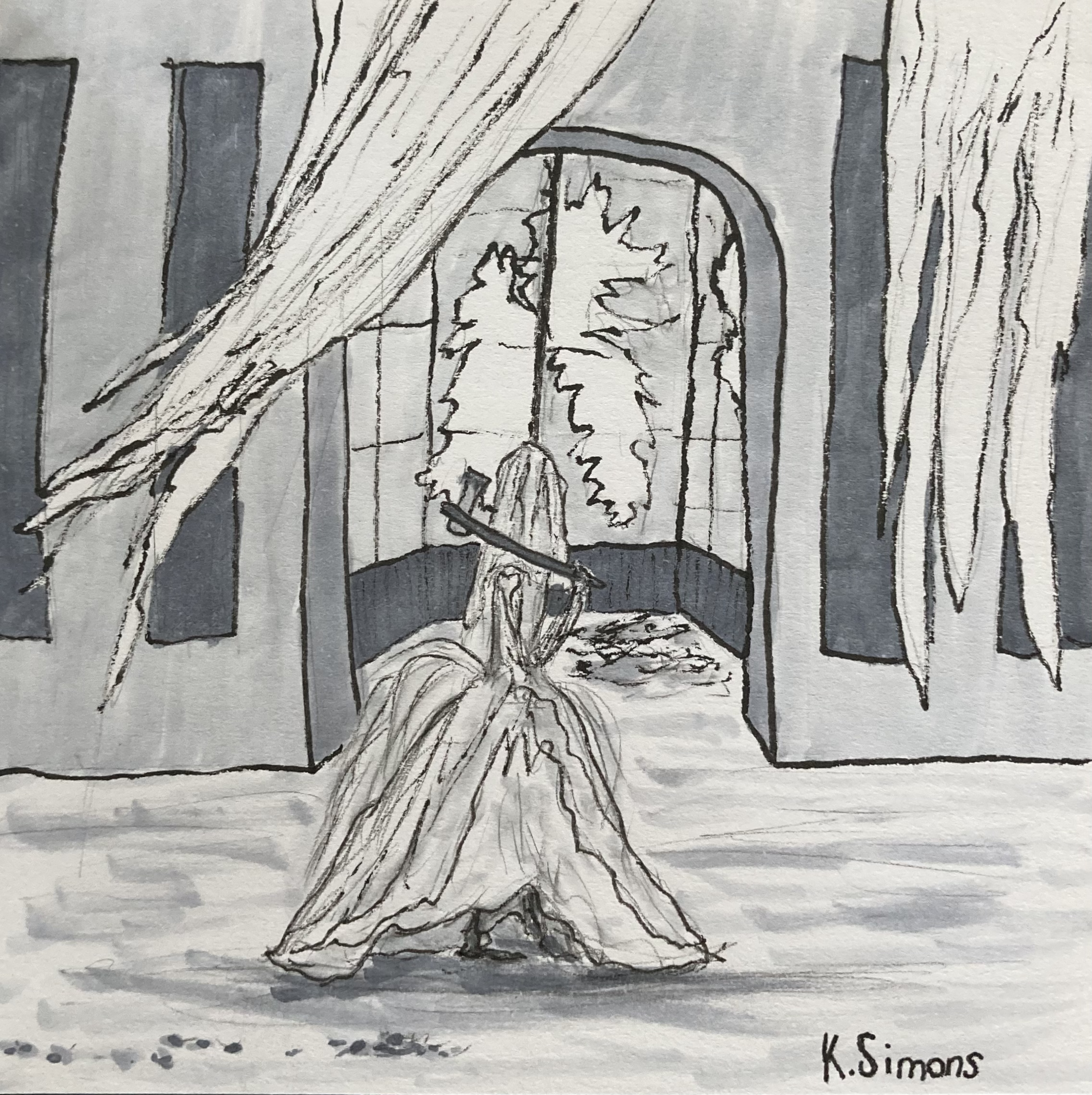 Inktober 52 #50: Villain (Pen, pencil & marker on paper, 3.75x3.75 inches, December 2025)