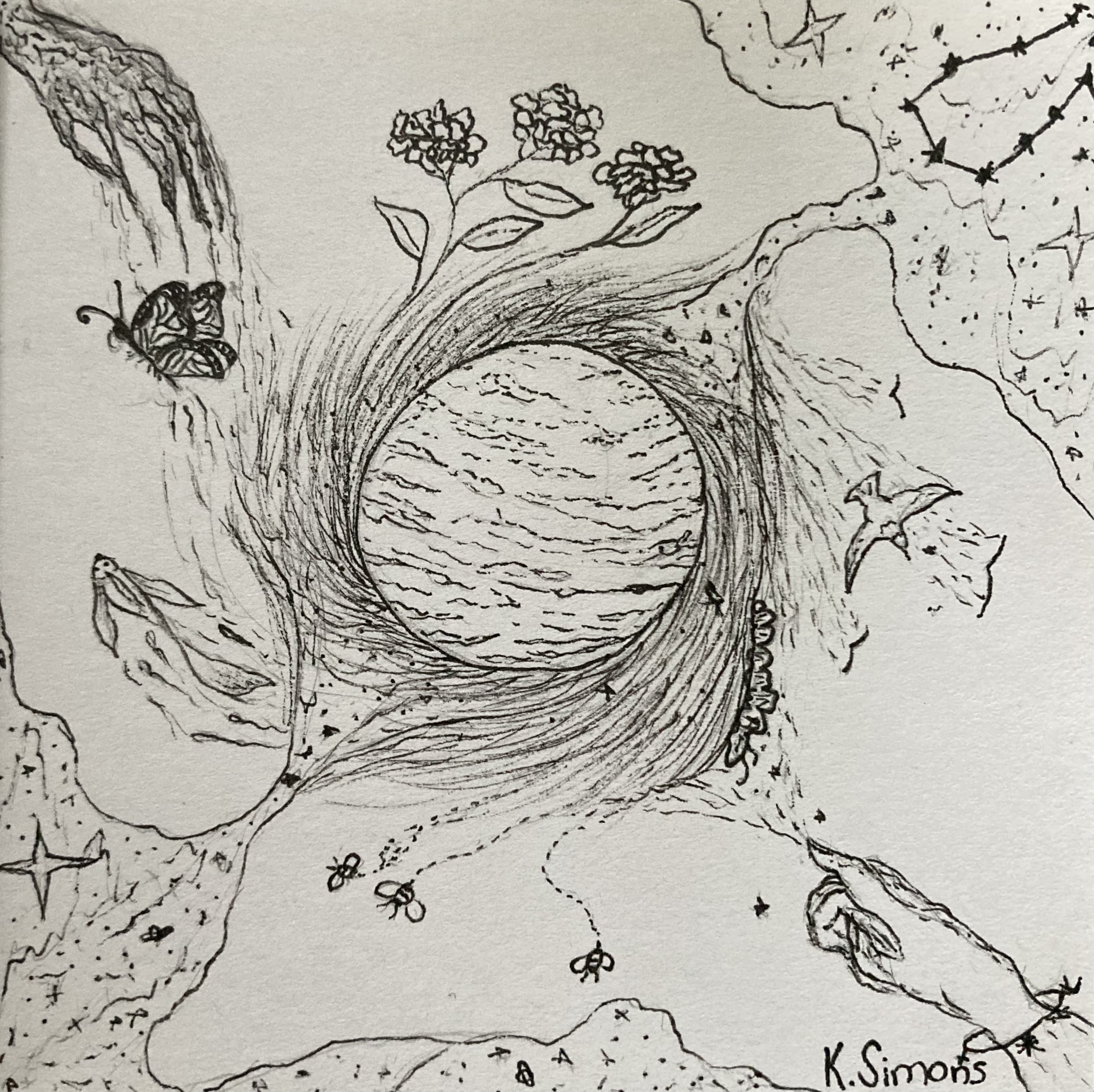 Gemini (Pen & pencil on paper, 3.75x3.75 inches, May 2025)