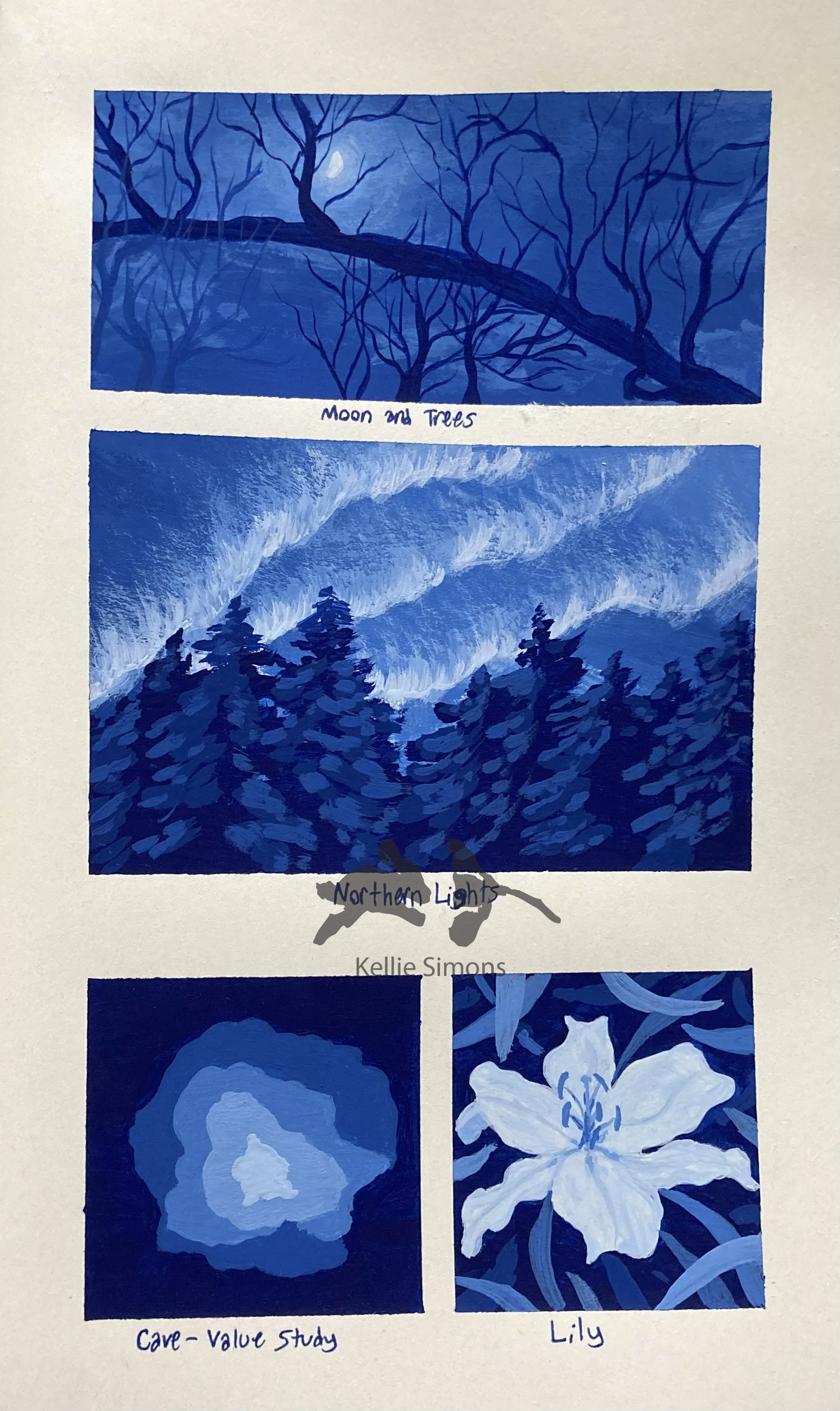 Prussian Blue Studies (Gouache on paper, 5x8 inches, December 2025)