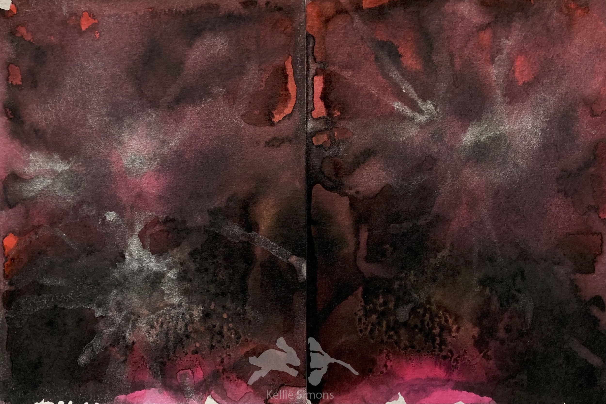 Spilling Pigments onto Charcoal and Rocks (Ink on paper, 9x6 inches together, February 2024)
