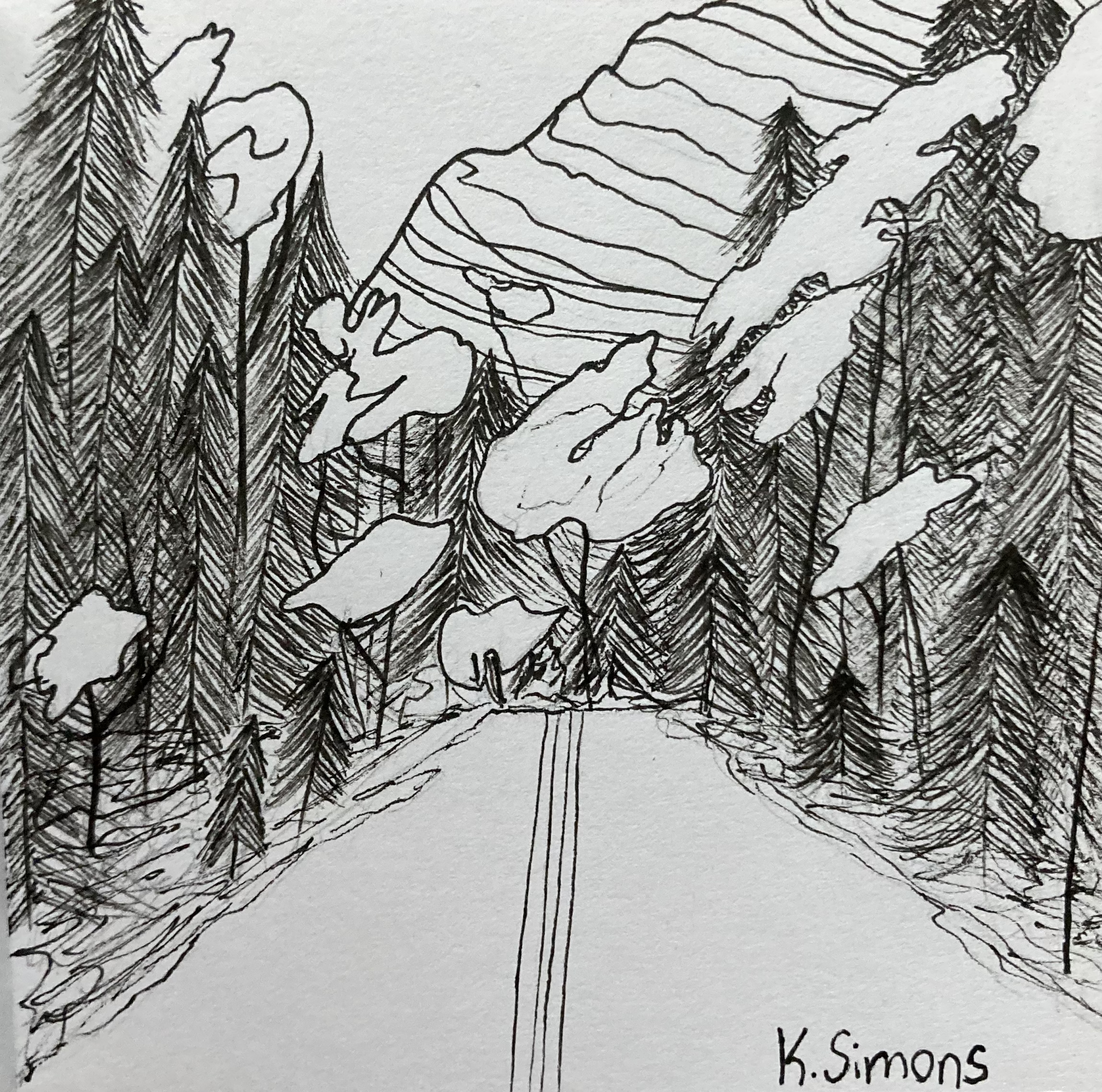 Road (Pen & pencil on paper, 3.75x3.75 inches, October 2024)